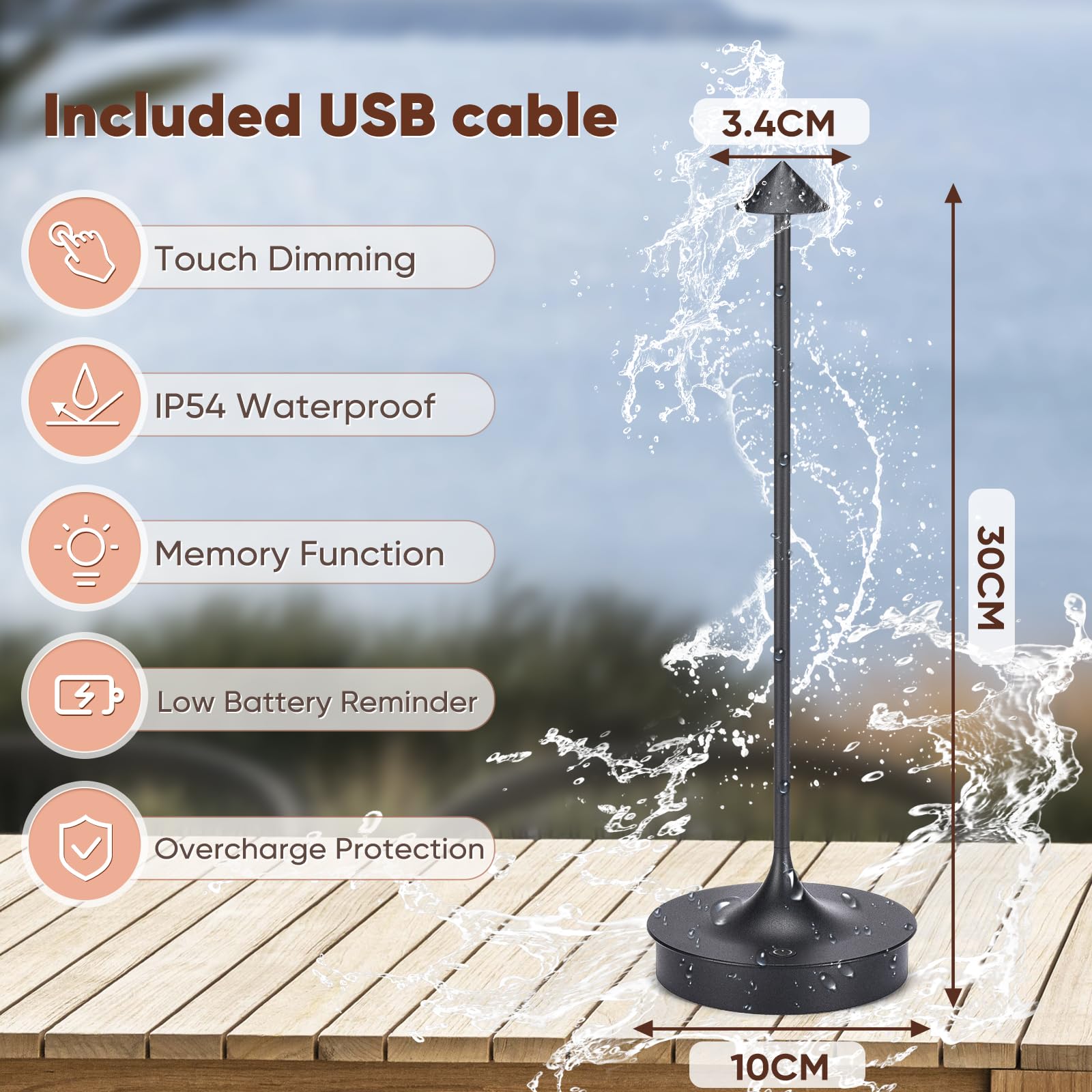 Tischlampe Kabellos，led dimmbar Akku weiß Tischleuchte IP54,Vintage Kleine Kabellose Tischlampen,Usb Aufladbar,FüR Schlafzimmer,Bar,Wohnzimmer,Esstisch,Hotel Camping,nachttischlampe ohne kabel
