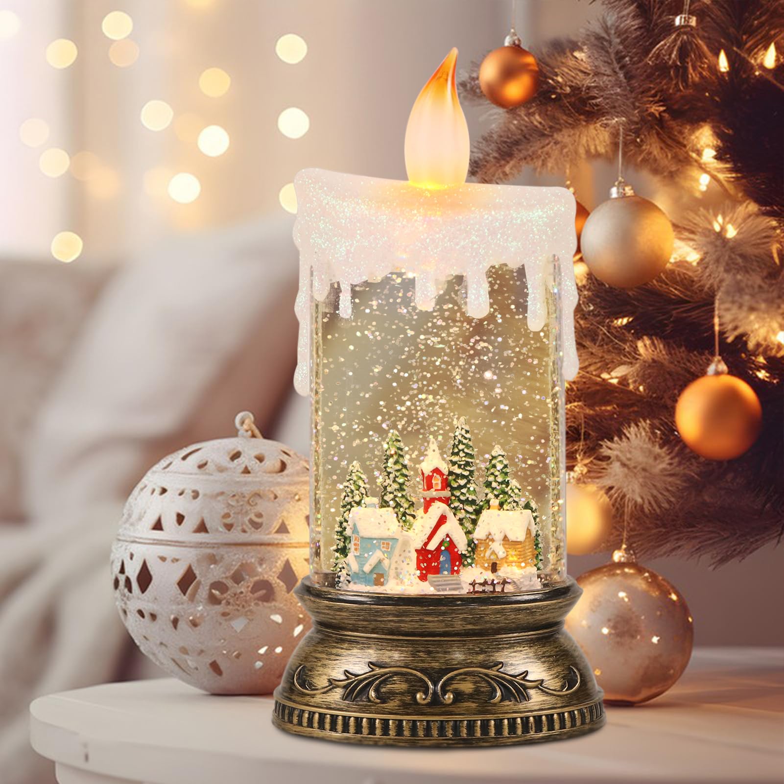 Eldnacele Weihnachts-Schneekugel-Laterne mit Timer und Musik, batteriebetrieben/USB-betrieben, beleuchtete Wasserlaterne für Weihnachtsdekorationen (Schneekabinenszene)