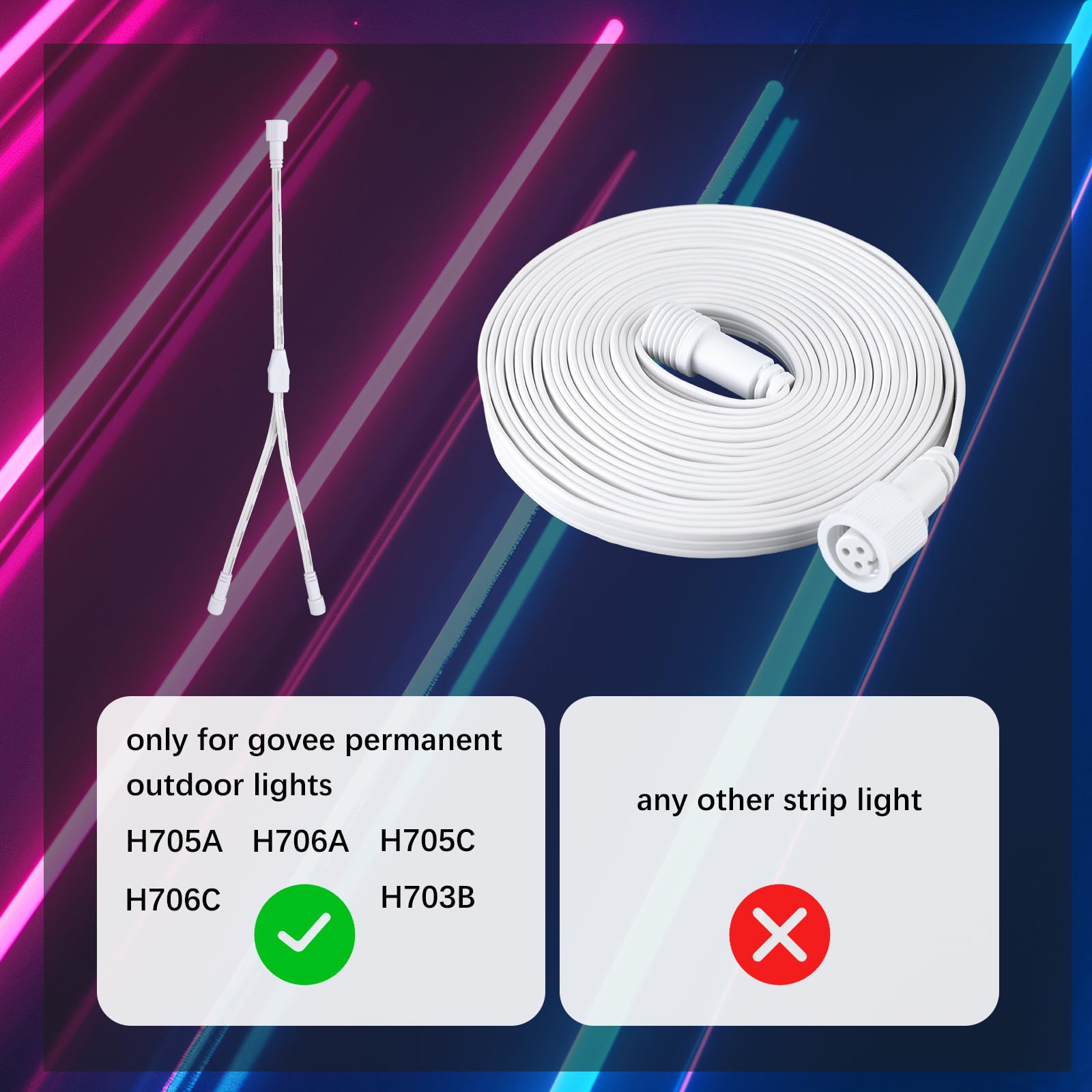10-Foot Extension Cord For Govee Outdoor Permanent Lights – Compatible With H705A, H705B, H705C, H706A, H706B, H706C, IP68 Waterproof