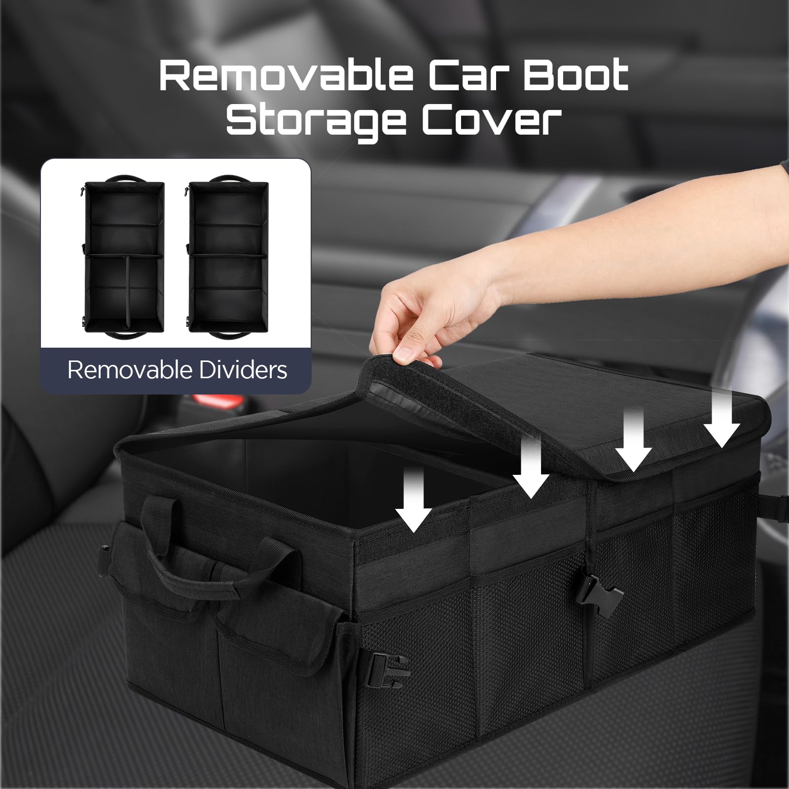 Cozary Rangement Coffre de Voiture avec Couvercle, 46 L Organisateur Voiture Pliable, Tissu Oxford Imperméable, Base Antidérapante pour Famille et Voyages
