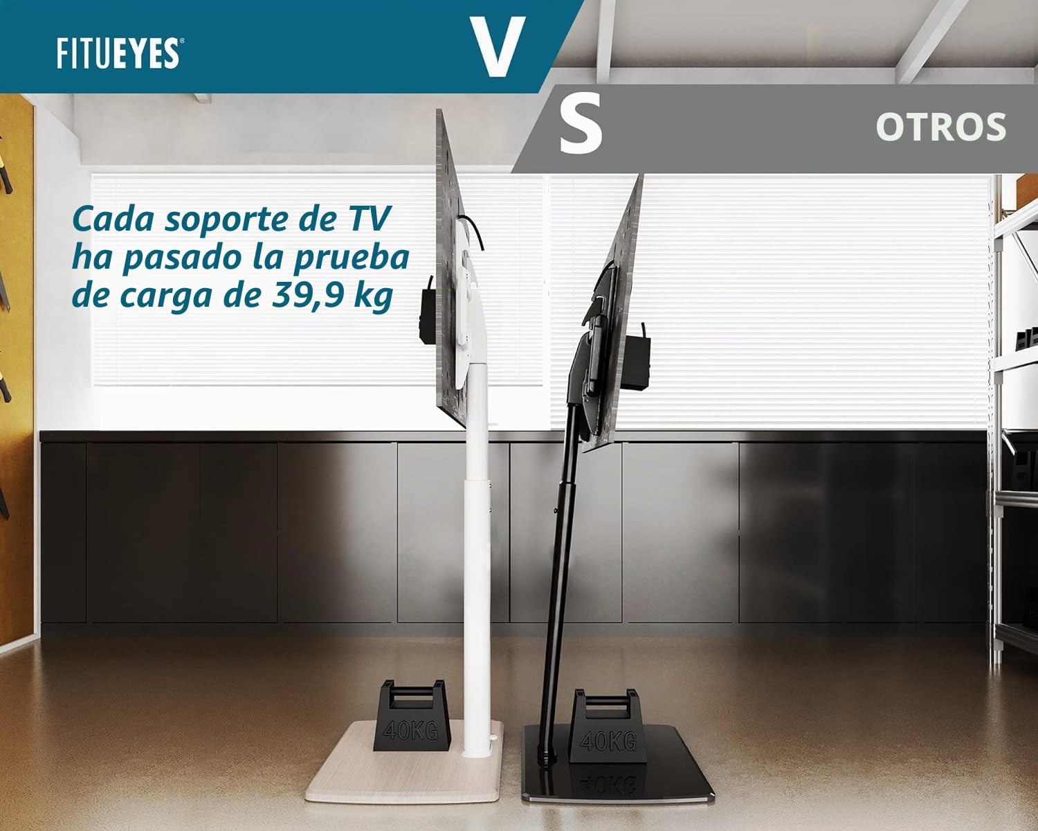FITUEYES Soporte TV Pie 32-70 Pulgadas con Base Madera, MAX VESA 600×400mm | Soporte TV Suelo Giratorio, Altura Ajustable, Gestión Cable, Diseño para Salón, Dormitorio y Oficina