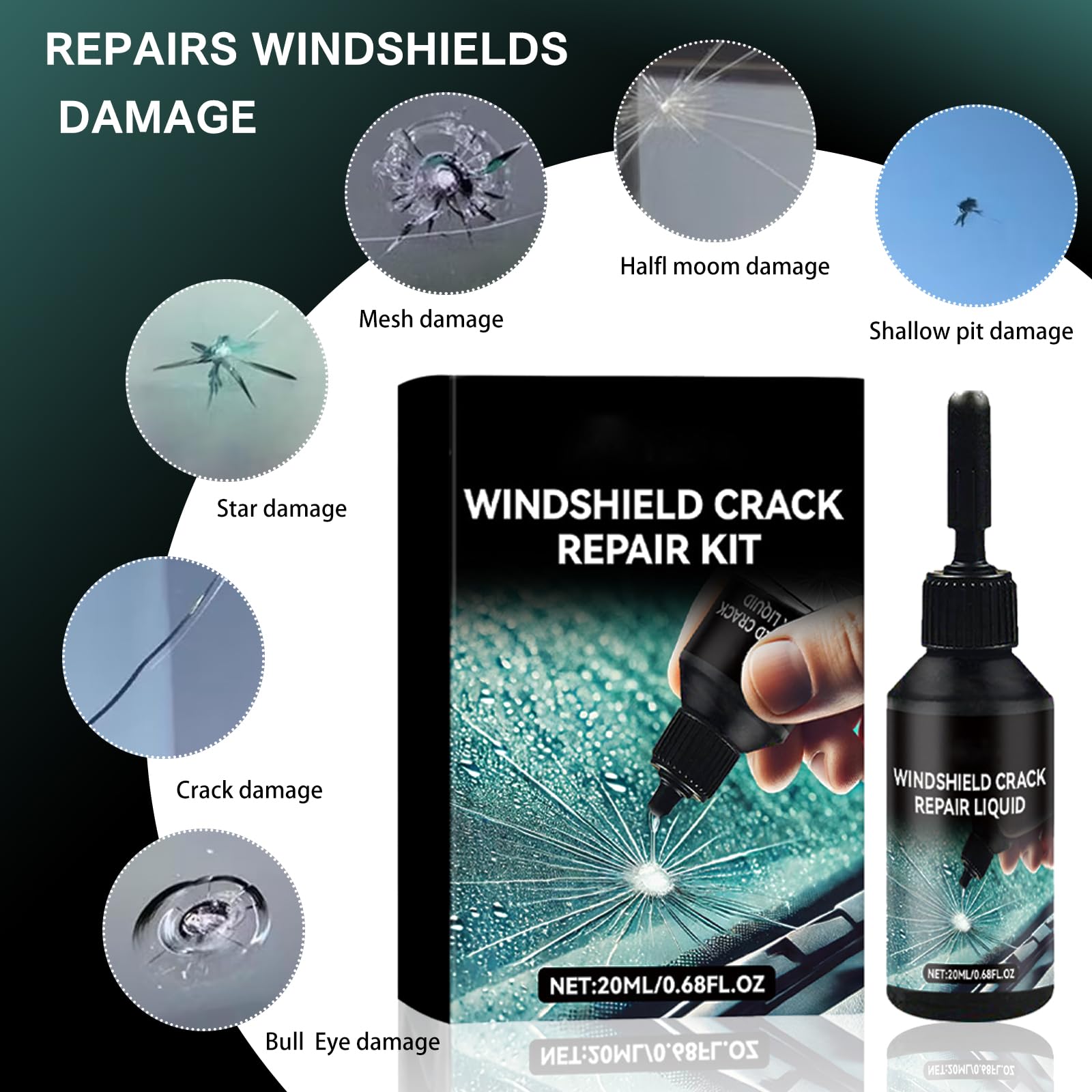 Kit Riparazione Crepe Vetro,Kit Riparazione Parabrezza Auto,Windshield Crack Repair Kit,Kit Riparazione Vetro Auto,Glass Repair Liquido Kit,Auto Finestra Bicchiere Parabrezza Riparazione,20ml