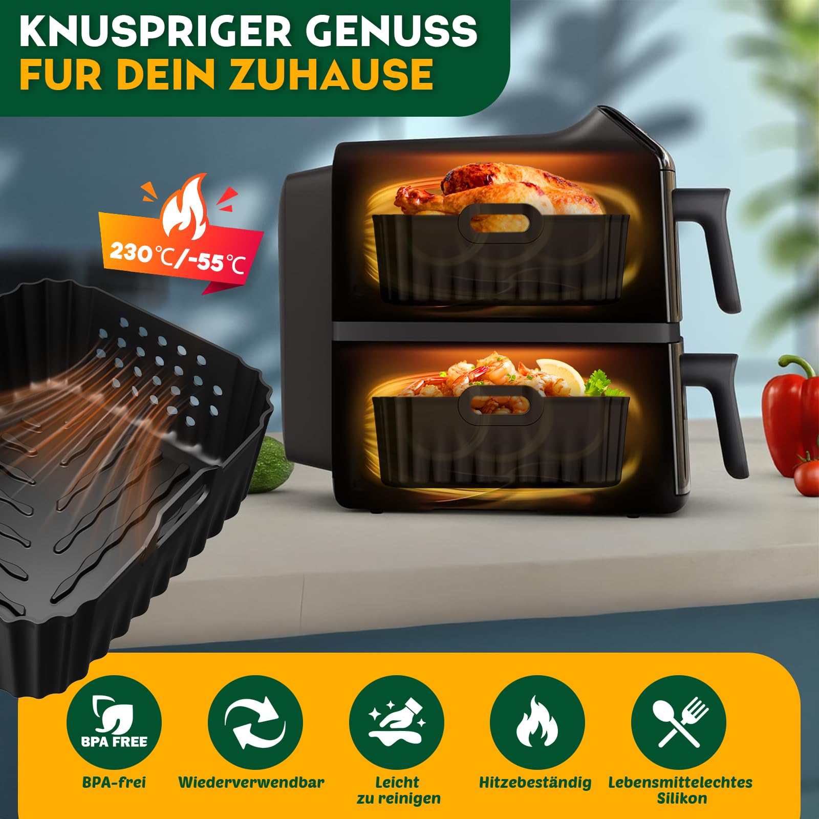 Airfryer Zubehör für Philips NA460/NA462 10L, Silikonform Zubehör | Heißluftfritteuse Zubehör für Philips Airfryer 4000 Series Stacked Dual Basket 10L, uflaufform Einsatz Anstelle Backpapier