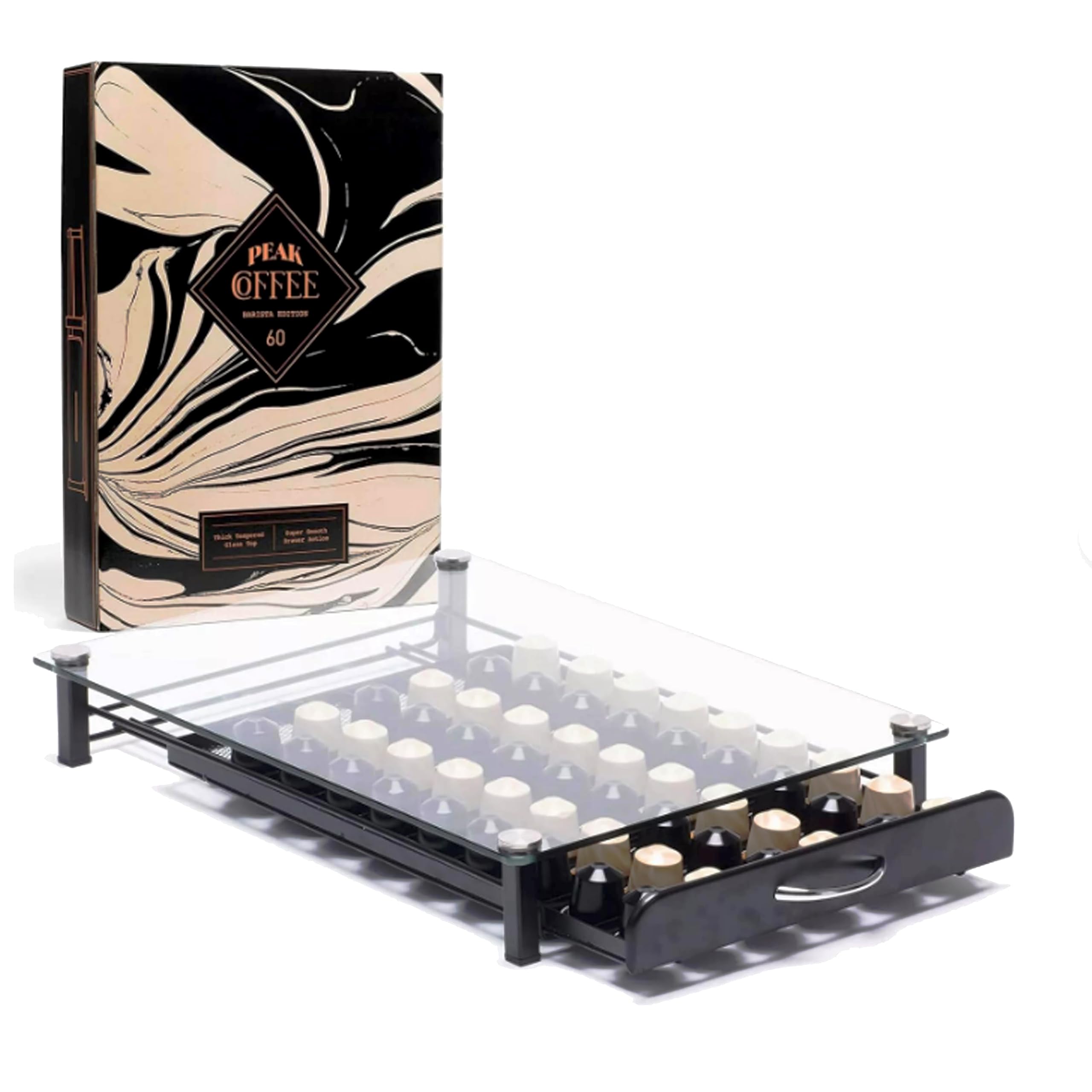 Peak CoffeeCapsule Storage Drawer Tray for 60 Nespresso Original Pods | Pod Holder Box, Organiser & Machine Stand with Tempered Glass Top | Smooth Drawer Action