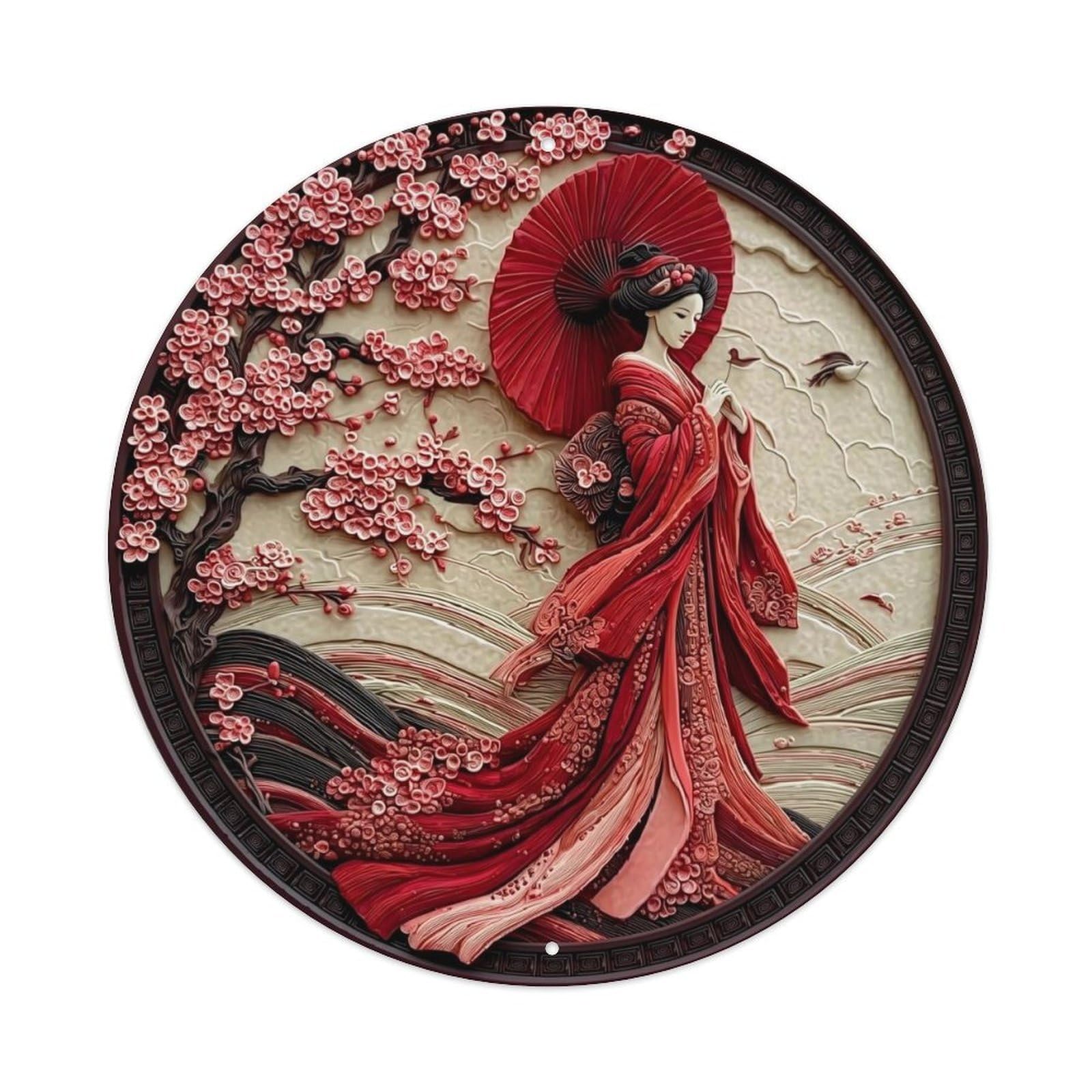 Geisha Cherry Blossom Red Umbrella Flowing Robe Tin Sign Metal Poster Vintage Metal Signs for Home Man Cave Bar Cafe Kitchen laundry room Wall Decorations Gift 8x8Inch