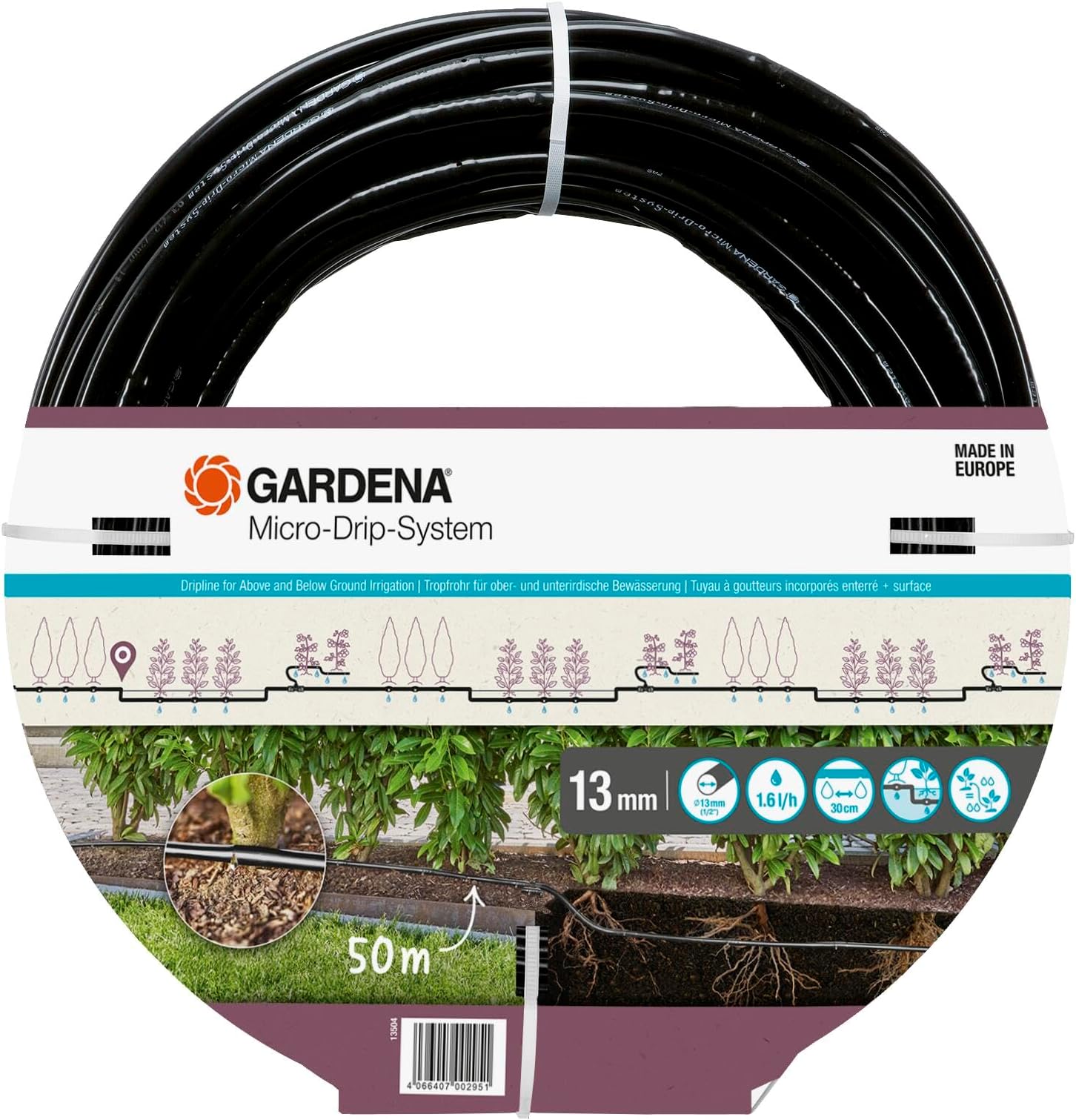 Gardena Micro-Drip-System Irrigation Line 1.6 l/h, above-ground and underground (50 m): Extension pipe for water-saving irrigation system, simple & flexible connection technology (13504-20)