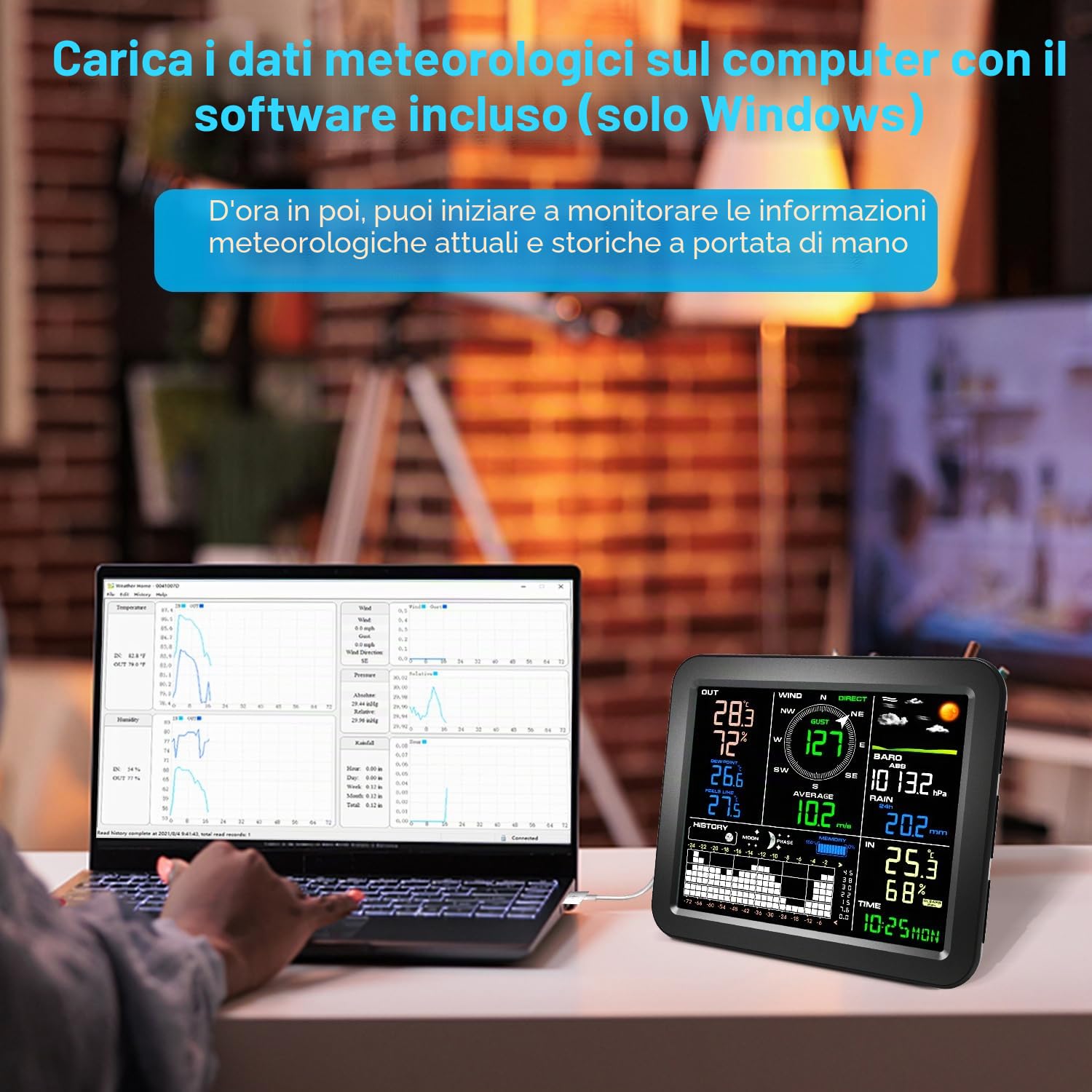 Urageuxy Stazione Meteo Professionale Dotata di Applicazione Software per PC, Include Pluviometro, Anemometro, Girello, Barometro, Previsioni Meteo e Allerte (Solo Windows)
