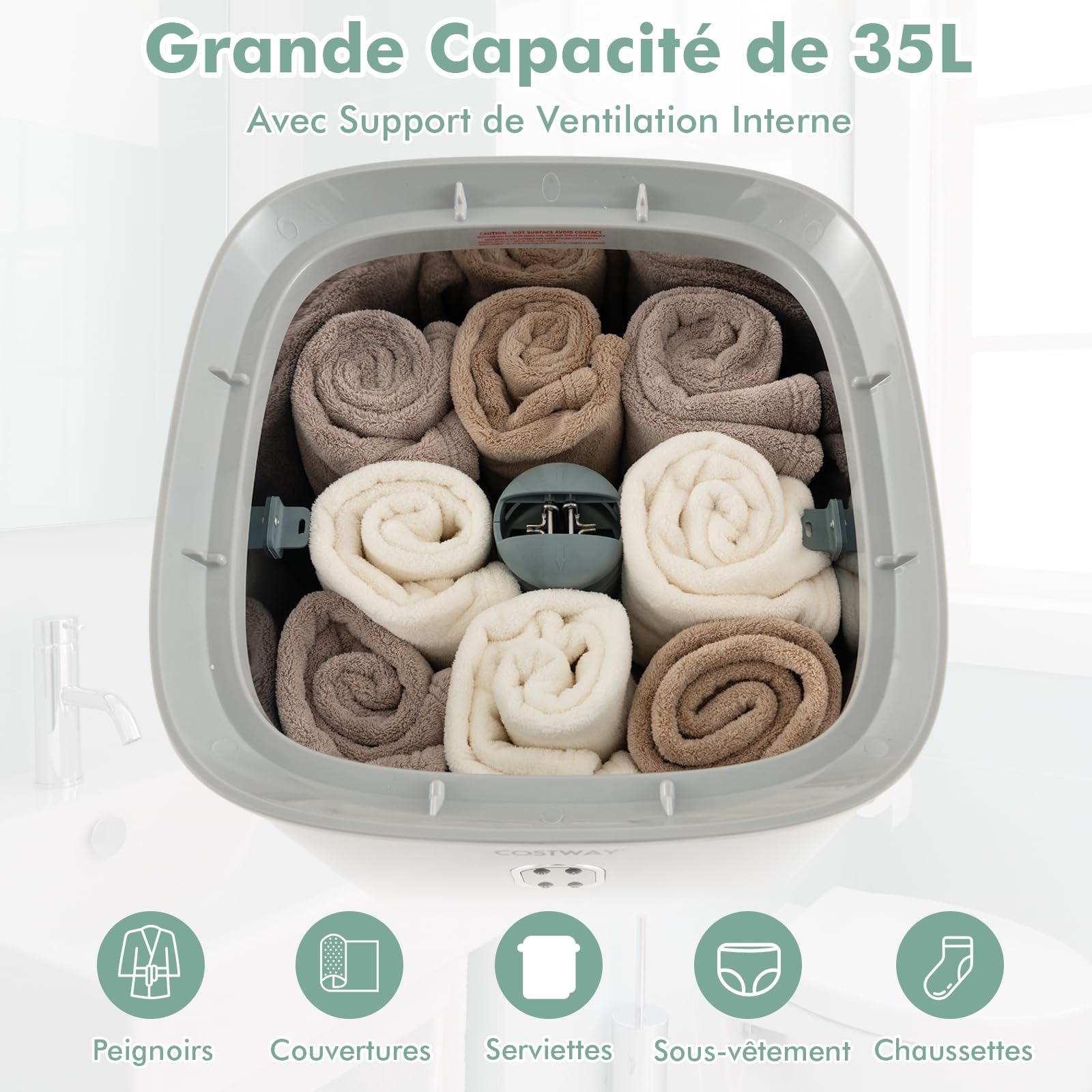 COSTWAY Chauffe-Serviettes 35L, Sèche Serviettes Portable pour Salle de Bain avec Arrêt Automatique, Minuterie&Mode Séchage, Plateau à Arômes, Seau Chauffant pour Peignoirs Spa Couvertures