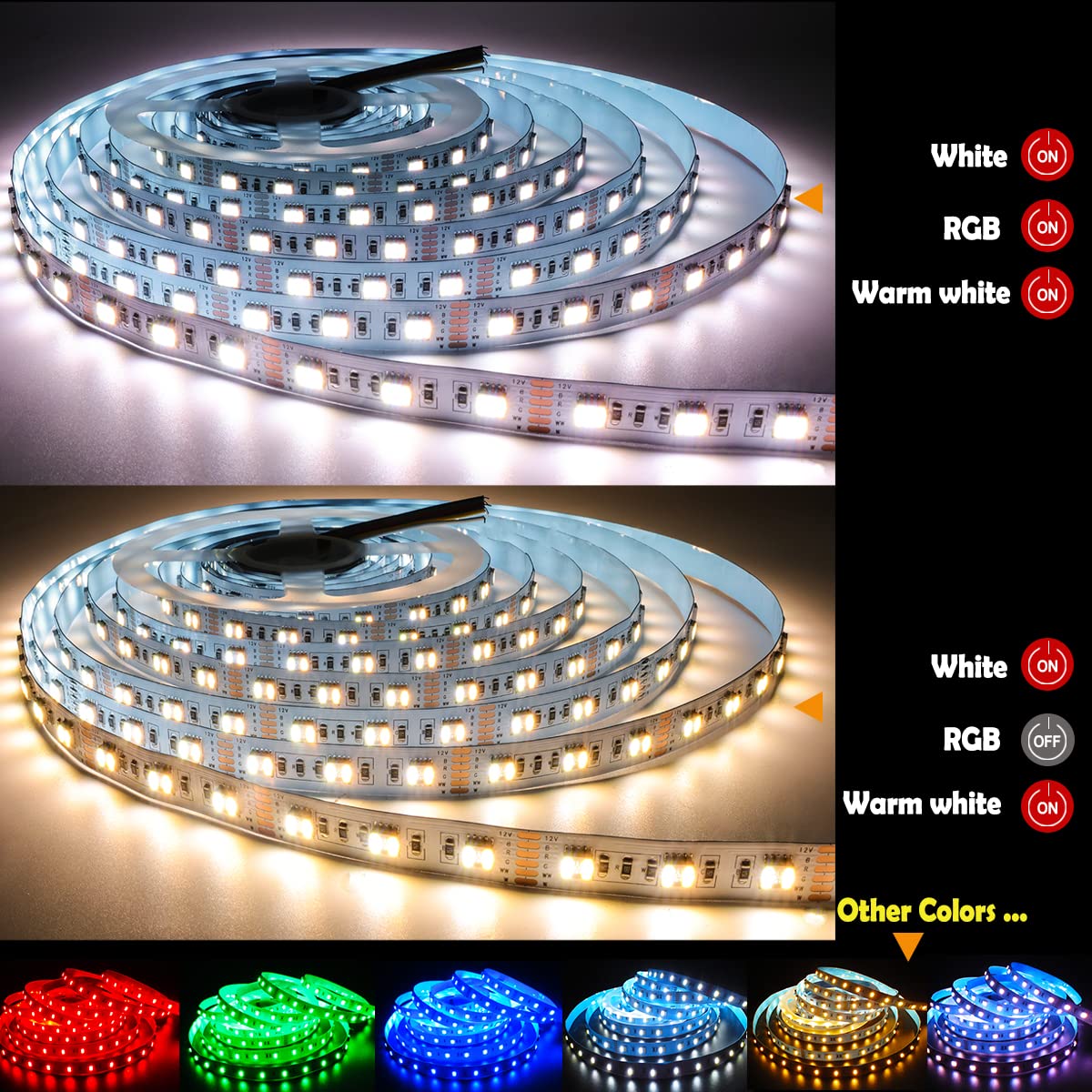 12V 5 in 1 Chip LED Streifen RGB+CCT, RGB + Weiß + Warmweiß (2800K bis 6500K) RGBCW 5M Mischfarben Strip Lichtband IP20 300 LEDs Band Lichtleiste Leiste