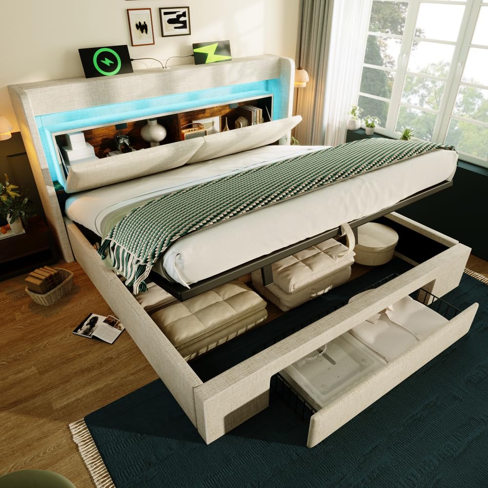 Sapgaks Lit rembourré avec LED,Port USB & USB-C,Rangement,tiroir,lit Coffre avec rangements hydrauliques,Cadre de lit 180x200 avec sommier à Lattes en Bois,Lin (Beige,180x200)