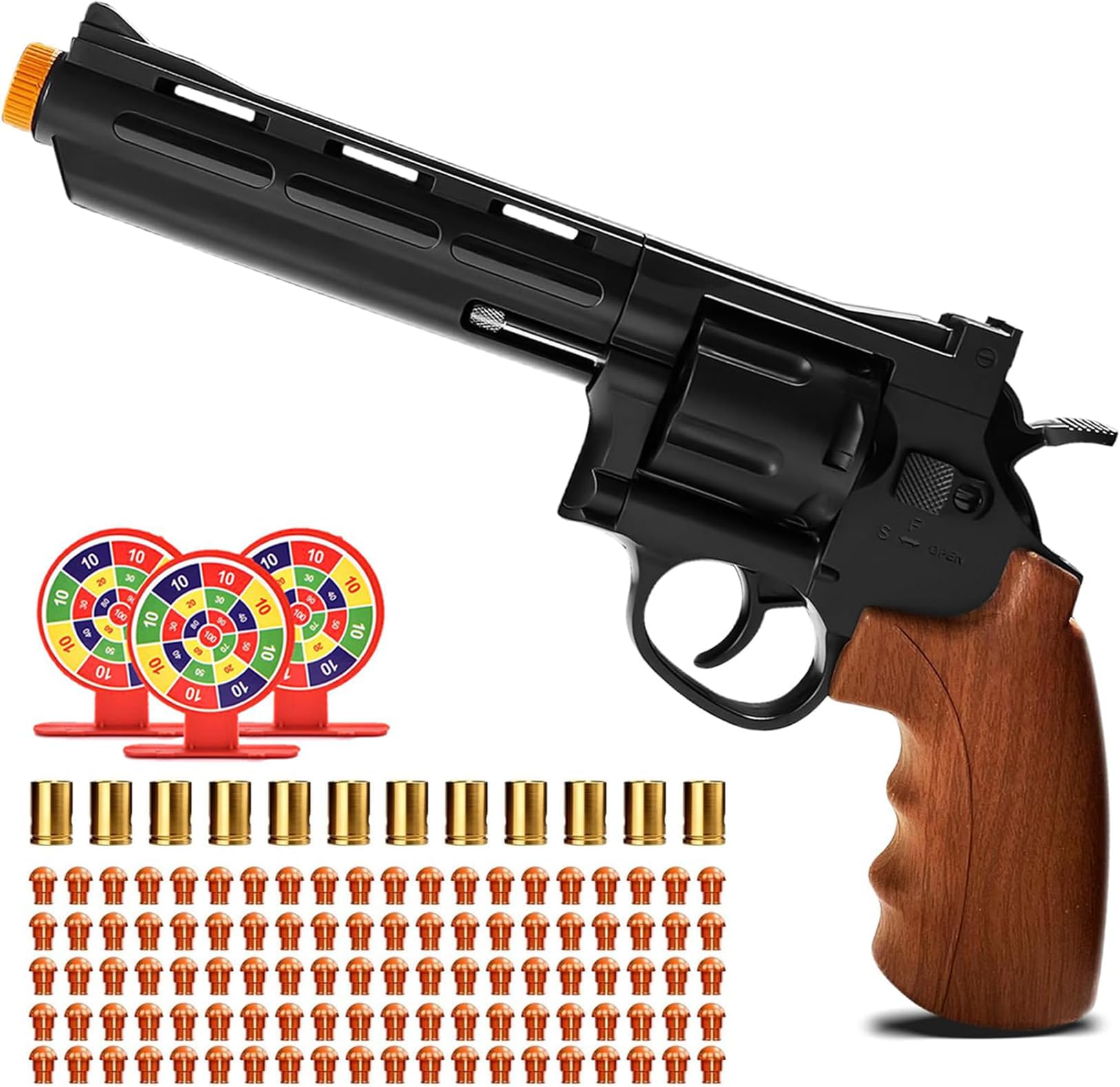 Toy Revolver Gun Shell Ejecting Toy Gun, Toy Gun Pistols with 80 Soft Bullets, 12 Shells, 1 Goggles and 3 Targets, Educational Model Toys Shooting Games Gifts for Boys and Girls, Kids 6+ Years Old
