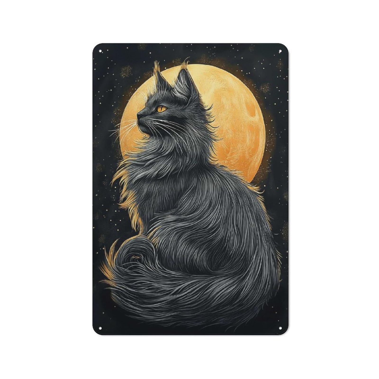 Junmoney Style-12 Vintage Metal Plaque 30X20cm Featuring Maine Coon Cat Under Full Moon For Hallway Wall, For Wall Display Collectors