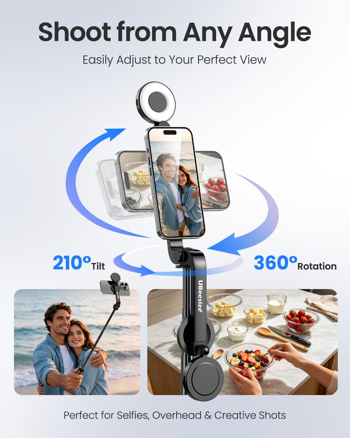 UBeesize Perche à Selfie magnétique avec lumière à intensité Variable et télécommande Rechargeable, trépied Portable de Voyage pour téléphone Portable MagSafe et téléphones Android, idéal pour