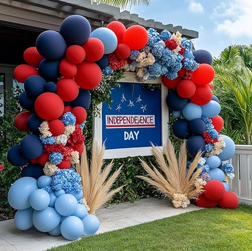 Miniatura 4 de Guirnalda de globos azul marino y rojo de doble relleno, globo azul macarrón rojo real, kit de arco de globos de látex rojo de alta calidad para