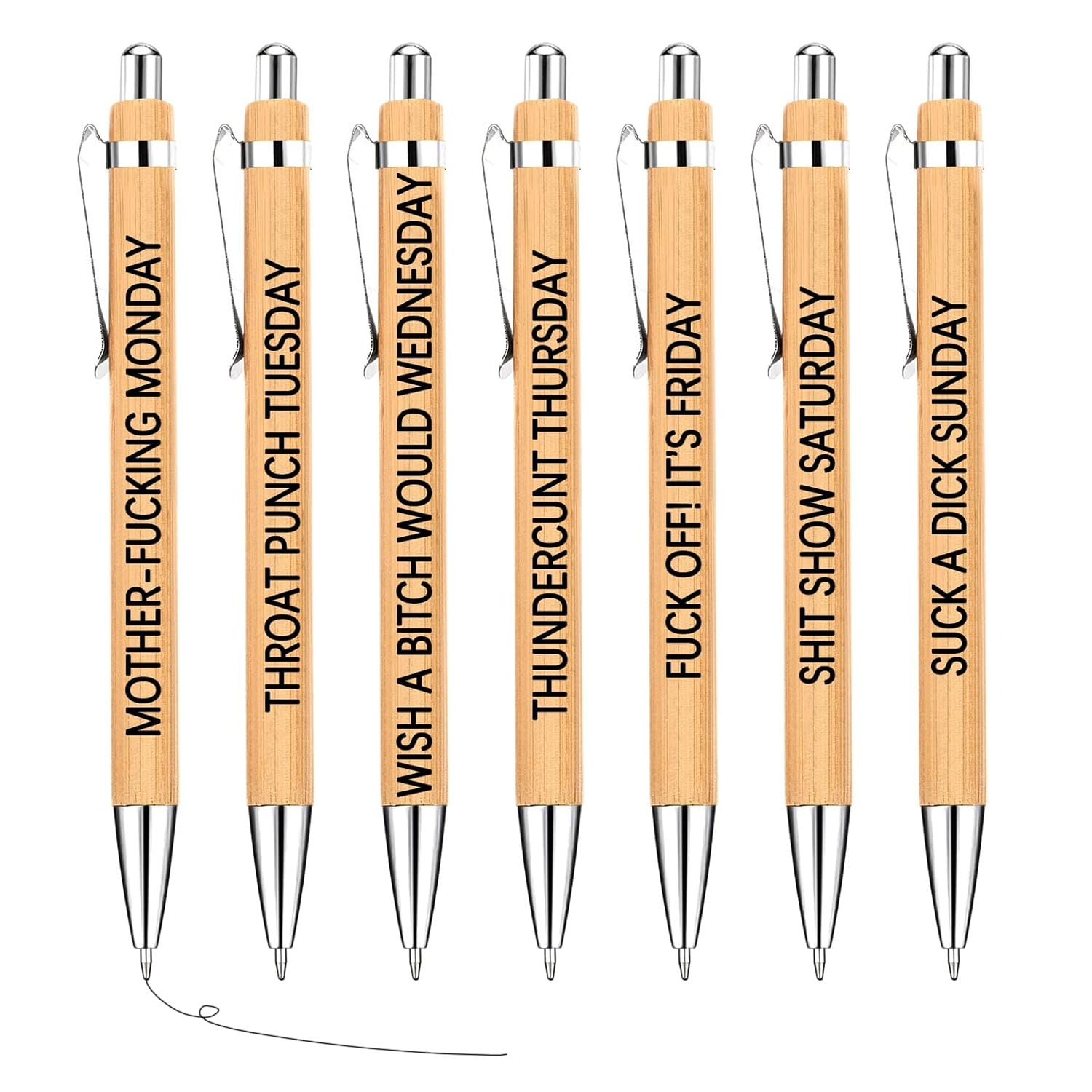XIANFANG 7Pcs Funny Work Pens for Adults Sarcastic Office Gifts Bamboo Ballpoint Pens with Swear Words, Hilarious Desk Accessories for Coworkers, Fun Gifts for Teachers, Friends, Office Supplies