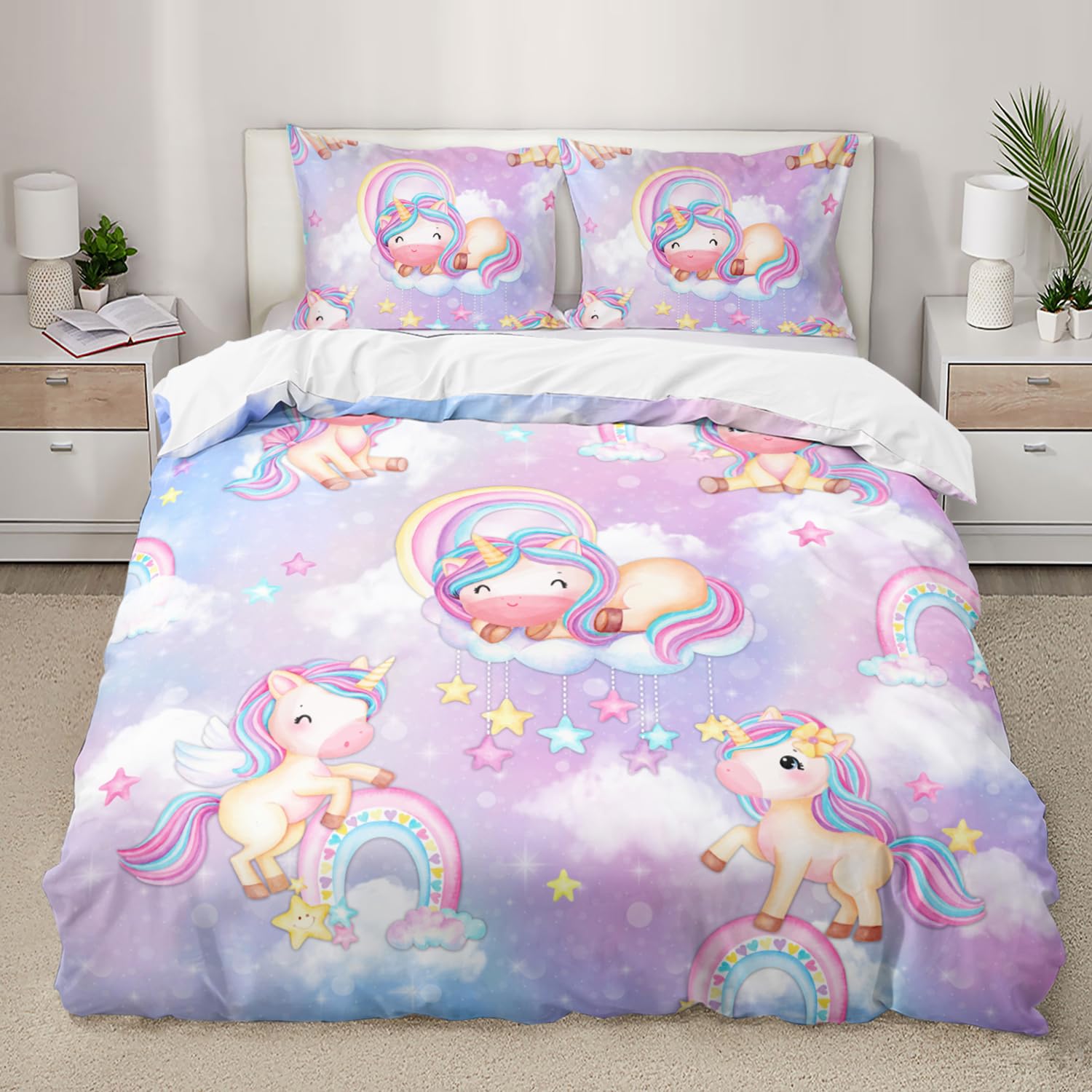 3D Gedruckt Einhorn Bettwäsche, Bunte Bettwäsche Set Geeignet für Kinder/Mädchen/Erwachsene bettwäsche 135 * 200cm,80 * 80cm*1 EFBTTAF057