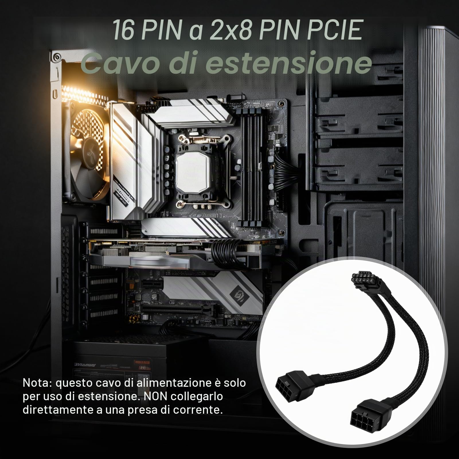 Cavo adattatore PCI-e 5.0 12VHPWR (12V-2x6) da 30 cm, cavo di prolunga GPU a 16 (12+4) pin, PCIe 5.0 da 2x8 pin femmina a 12VHPWR maschio, cavo GPU per GeForce RTX 3090ti/4070ti/4070/4080/4090/5070