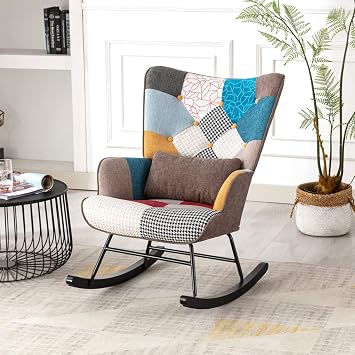Rocking Chair for Nursery Accent Chair with Soft Lumbar and Wood Legs High Back Rocking Chairs for Balcony Living Room Bedroom Patchwork