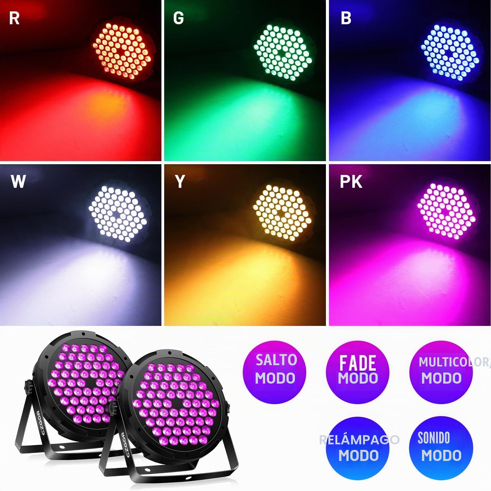 60 luces Par LED DMX 2 piezas, iluminación RGB de escenario súper brillante con cable de 1M, DMX512, control activado por sonido, para celebraciones, iluminación de escenario (sin control remoto) | (60 proyectores LED PAR 2Pack)
