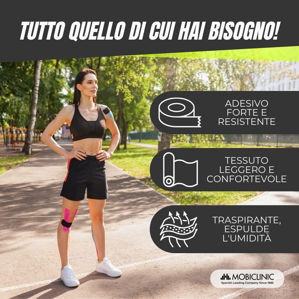 Mobiclinic®, Confezione da 12 rotoli di kinesiotape, Benda elastica autoadesiva, 5m x 5cm, Tape sportivo, Alleviamento del dolore muscolare, Bendaggio kinesiologico, Nastro