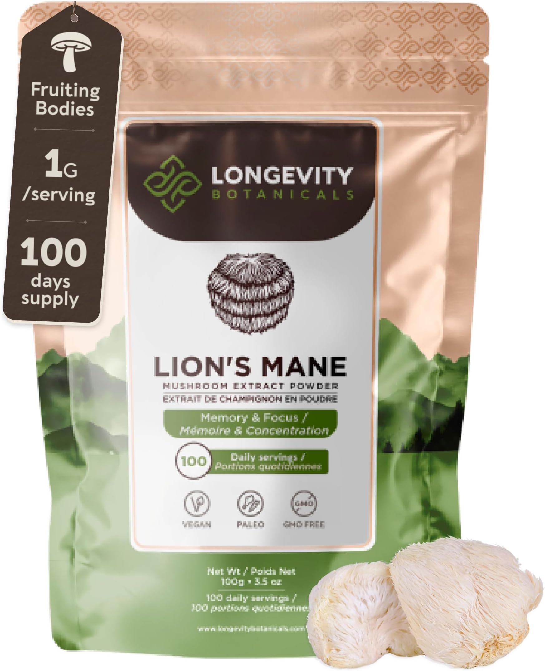 Lions Mane Powder Mushroom Supplement 100g | Pure Fruiting Body 8:1 High Strength Extract | 20% Beta-D Glucans | 8 000mg Raw Equivalent Per Serving | No Fillers | Focus Memory Gut & Brain Support