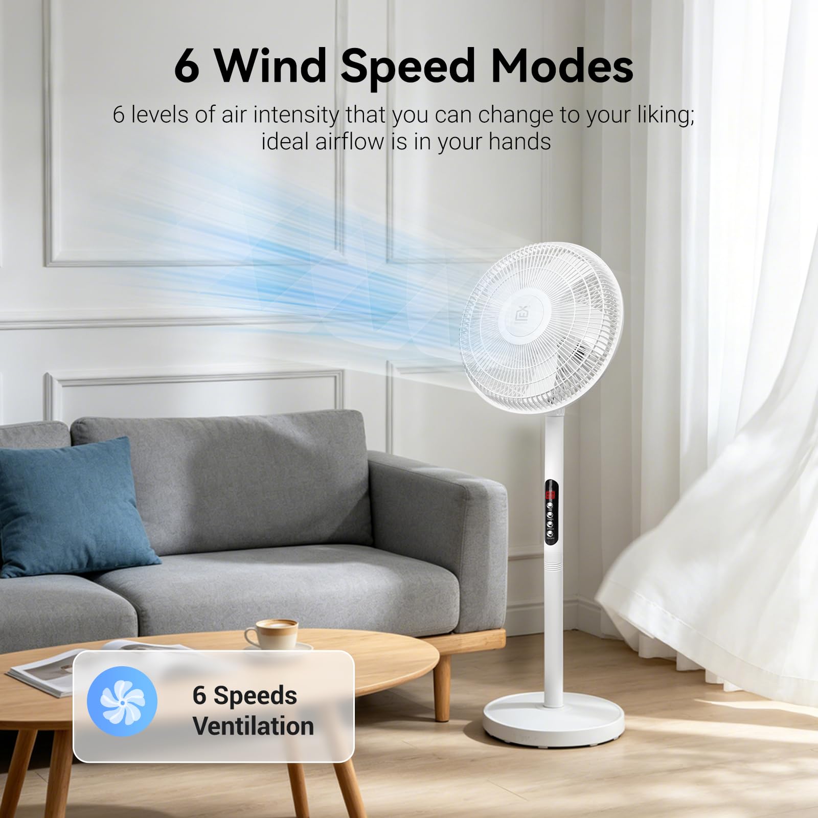 EXTRASTAR 12 Zoll Standventilator mit Fernbedienung – 6 Windstufen, 9h Timer, 70° automatische Schwenkung & 10° manuelle Neigung, 50W Bodenventilator für Wohnzimmer, Schlafzimmer & Homeoffice