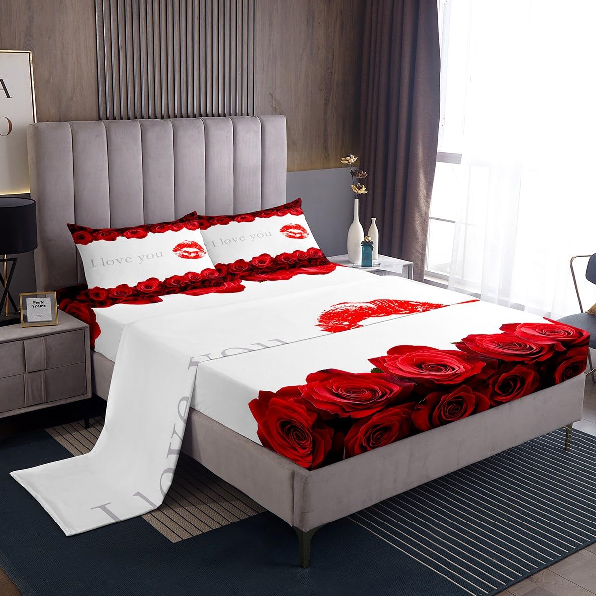 3D Red Rose Bed Sheet Set King Size,Red Lip and Flowers Floral Print Fitted Sheet + 1 Flat + 2 Pillowcases,Love Themed Valentine's Day for Couple