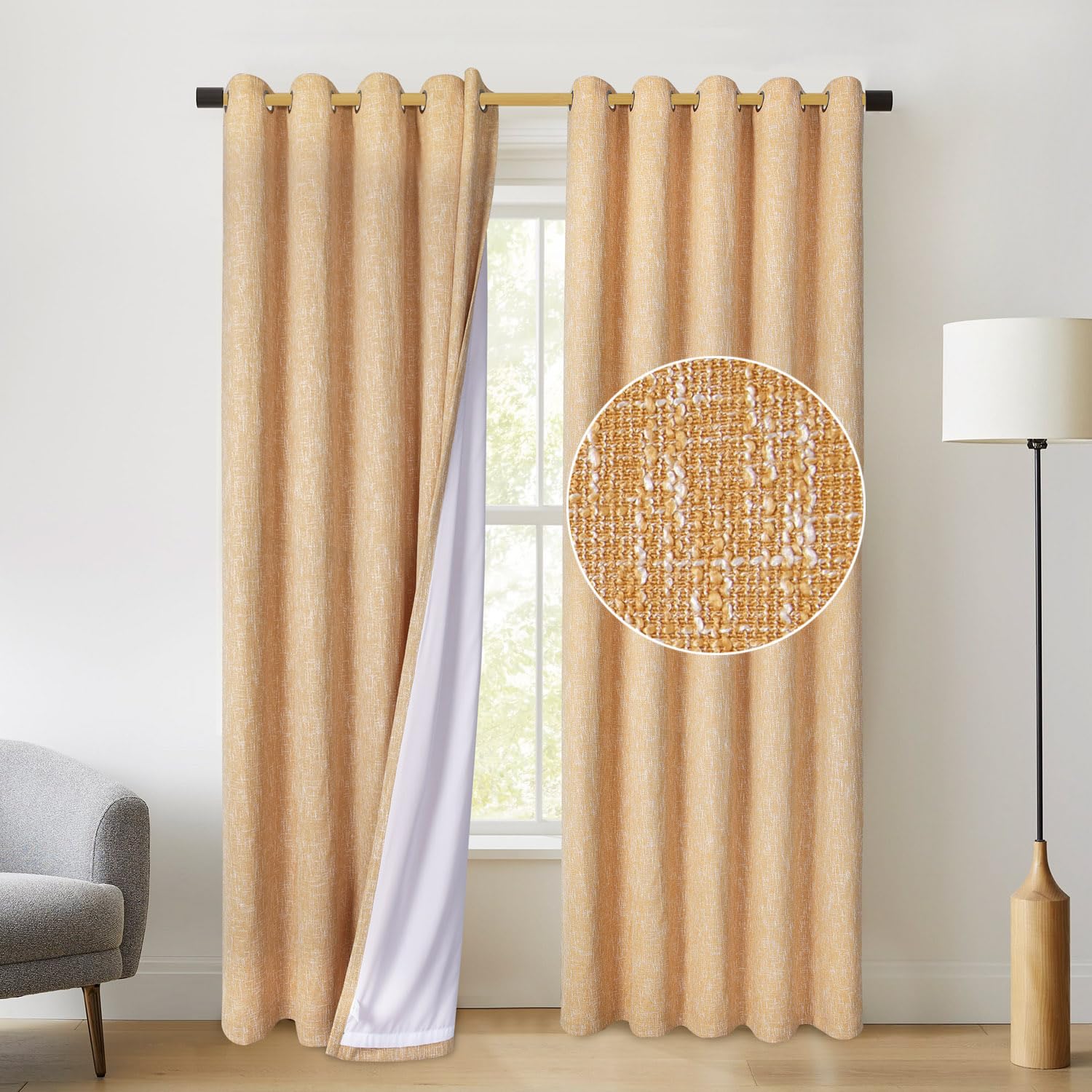 Chlophy Mustard Yellow Curtain Eyelet Ochre Burlap Thermal Living Room Bedroom Linen Look Textured Lined 66×72IN Thick Heavy Luxury Light Filter Not Blackout - Image 2