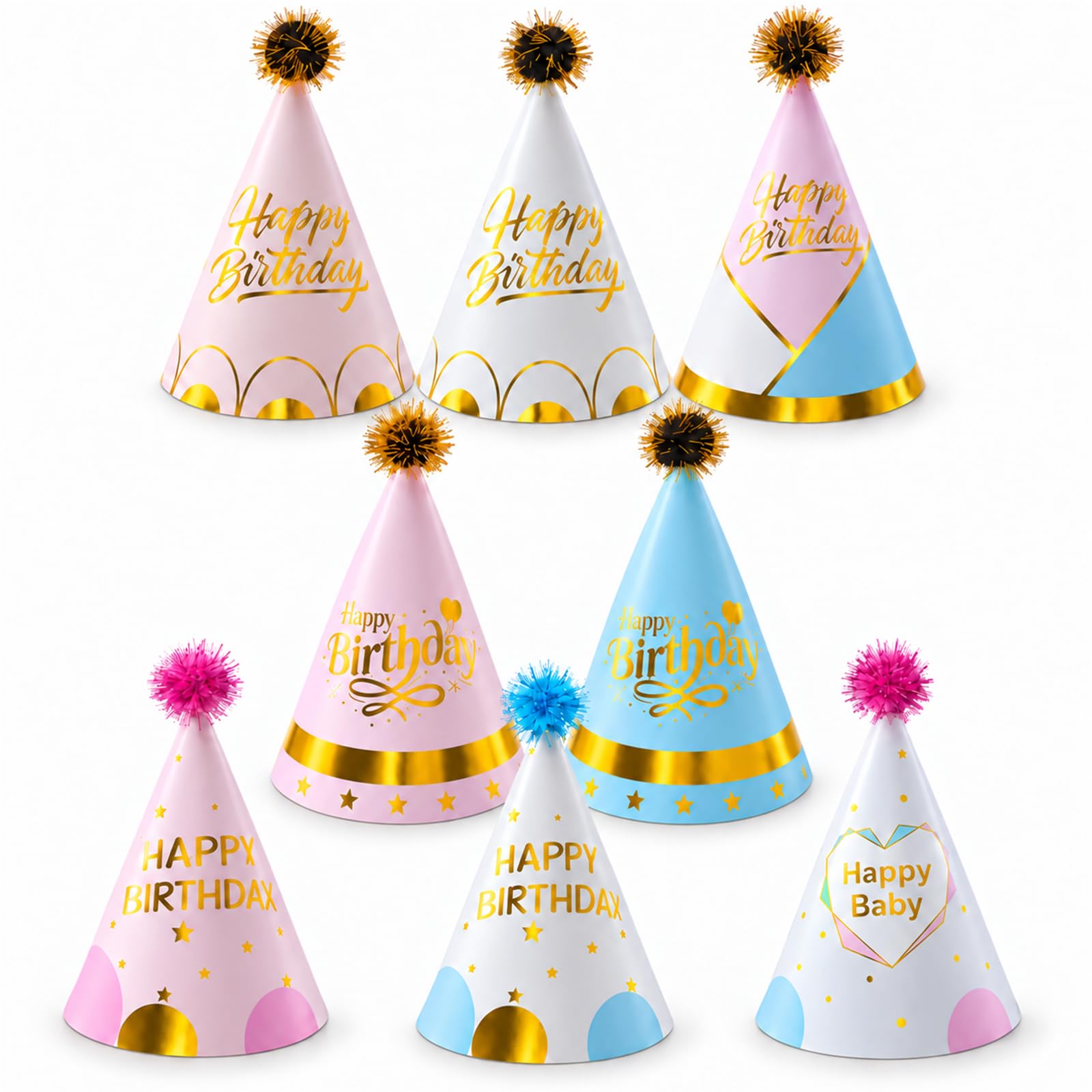 Colorful Happy Birthday Hat,16PCS Birthday Party Cone Hats, Paper Birthday Hats for Adults & Kids,Cone Birthdays Party Hat Birthday Headwear Birthday Party Classroom Celebration Supplies with Pom Poms