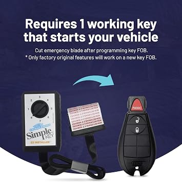Simple Key, Key Fob and Key Programmer with Interchangeable 3 & 4 Button Keypads Compatible for Select Chrysler, Dodge, Jeep, Ram, Volkswagen Vehicles, Simple Key Replacement Kit