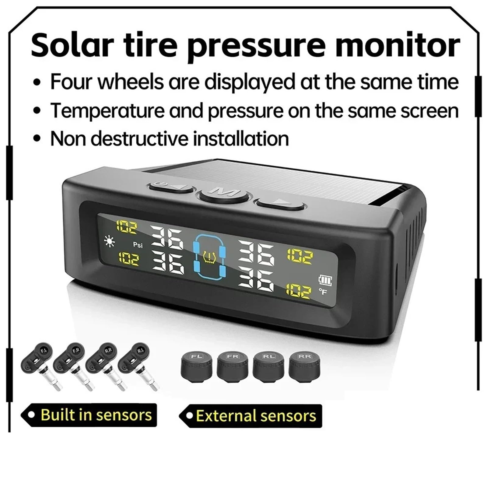 Allarme per Auto di Sensori Sistema di Monitoraggio della Pressione dei Pneumatici TPMS | Sistema di allarme di sicurezza per auto Wireless solare e alimentato tramite USB 4 sensori(Built-in)