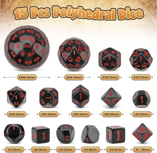 Miniatura 9 de Coyeekn DND Dados 15 piezas de dados poliédricos D3-D100 con bolsa de dados para juegos de mesa de rol (negro y azul)