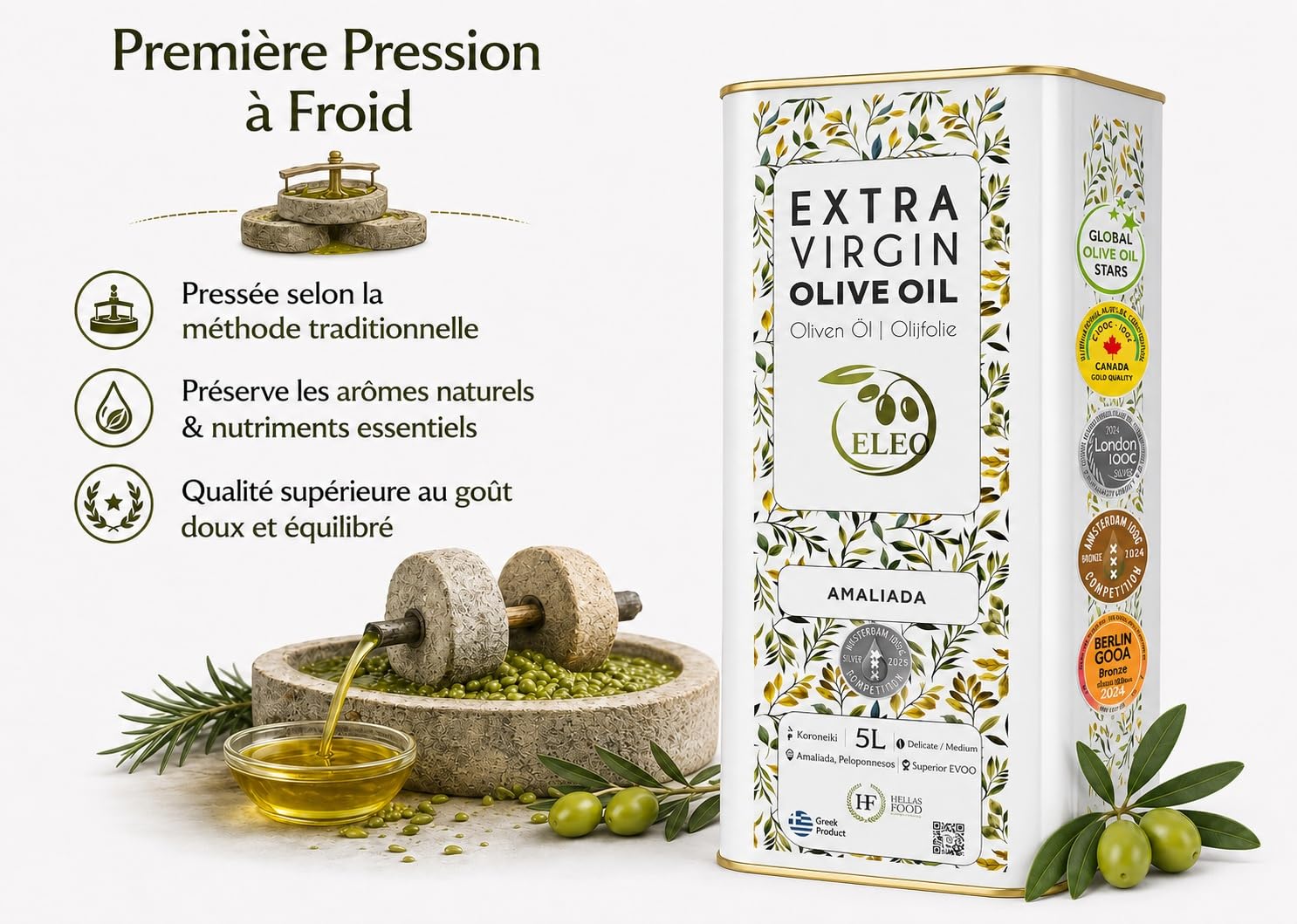 ELEO Amaliada - Huile d’Olive Bidon 5L Extra Viege - Pressée à Froid - 100% Olives Grecques Koroneiki - Qualité Supérieure - Riche en Antioxydants - Lauréat de Médailles Internationales