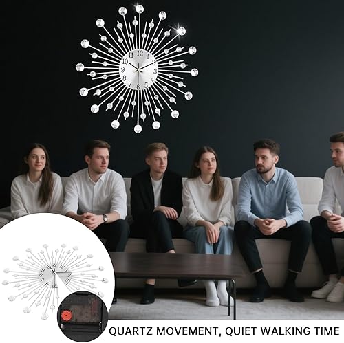Miniatura 3 de Reloj de pared grande para decoración de sala de estar, sin tictac, silencioso, de metal, reloj de cuarzo, esfera moderna, con diamantes grandes,