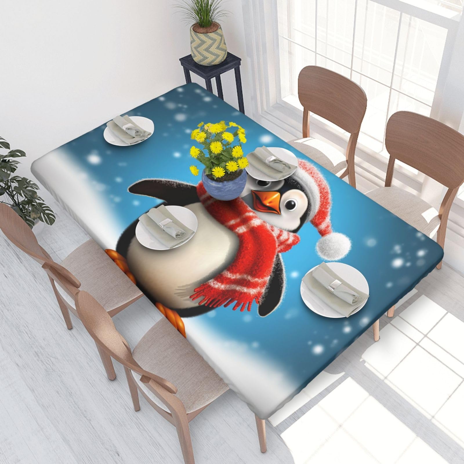 Christmas Funny Penguin Waterproof Square Table Cover Elastic Fitted Tablecloth Oil Proof Table Protector For 4ft Table