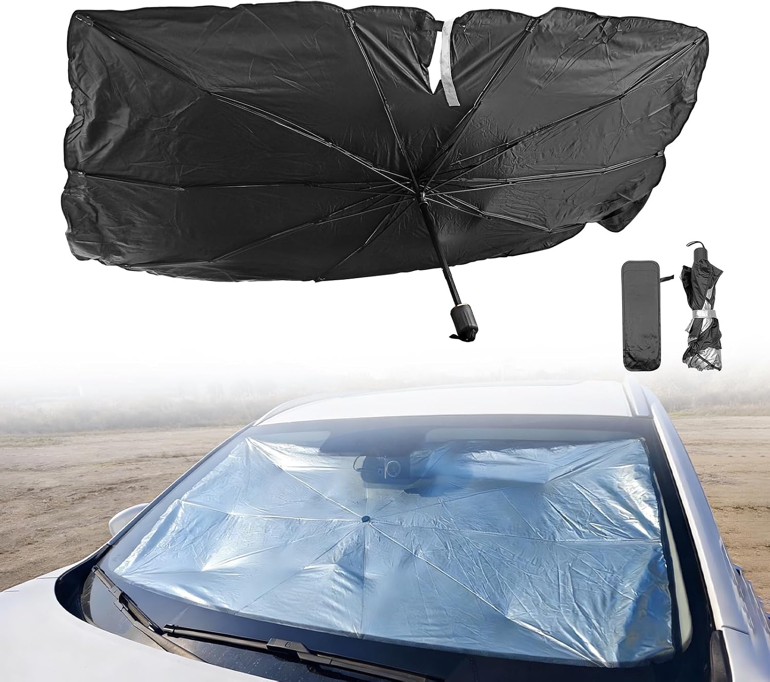 2026 Windshield Sun Shade Umbrella, Ultraviolet Protective Film and Heat Insulation Film, Emergency Rain Shield & Dashboard Protector, for Auto Windshield Covers Trucks Cars (55 in)