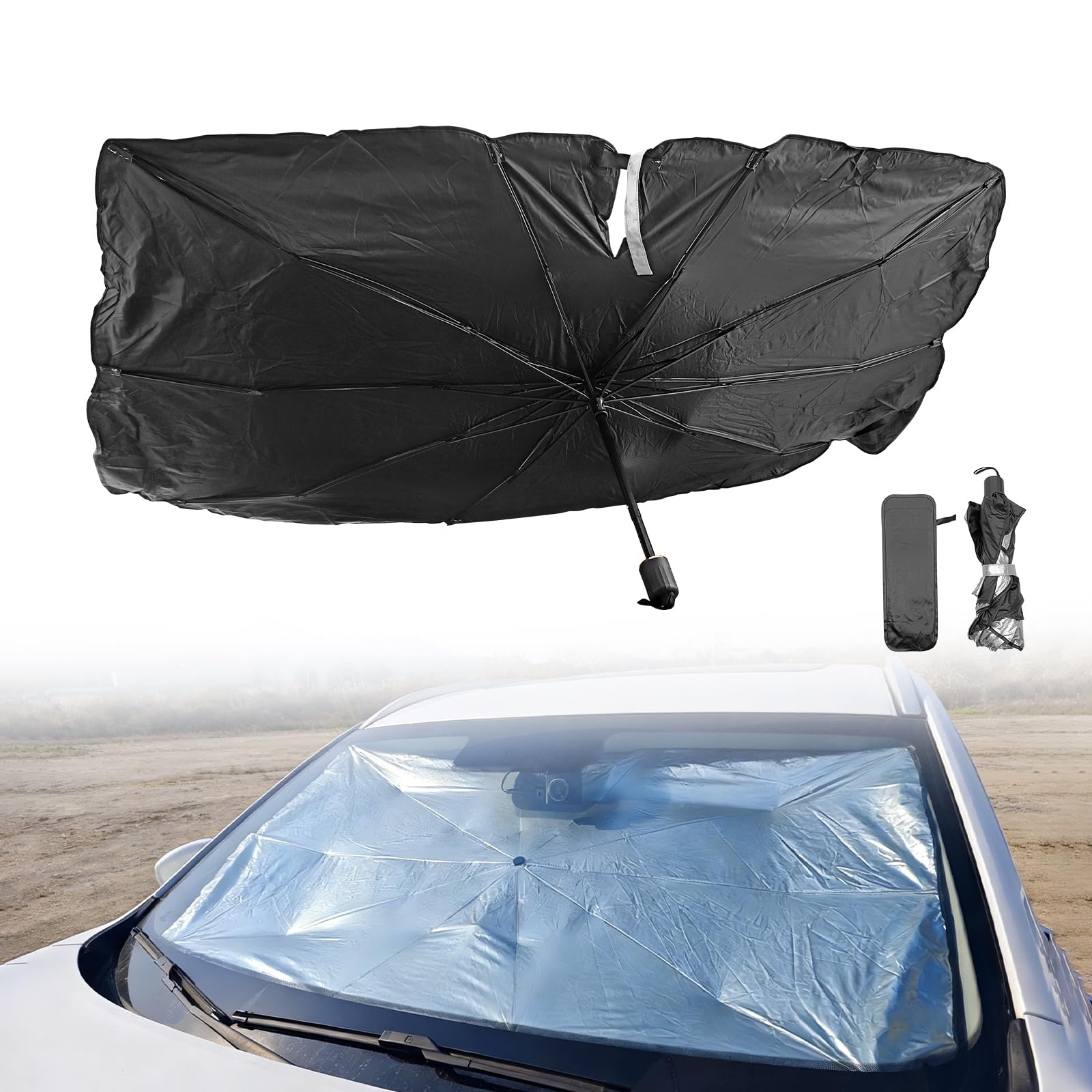 Photo 1 of 2026 Windshield Sun Shade Umbrella, Ultraviolet Protective Film and Heat Insulation Film, Emergency Rain Shield & Dashboard Protector, for Auto Windshield Covers Trucks Cars (59 in)