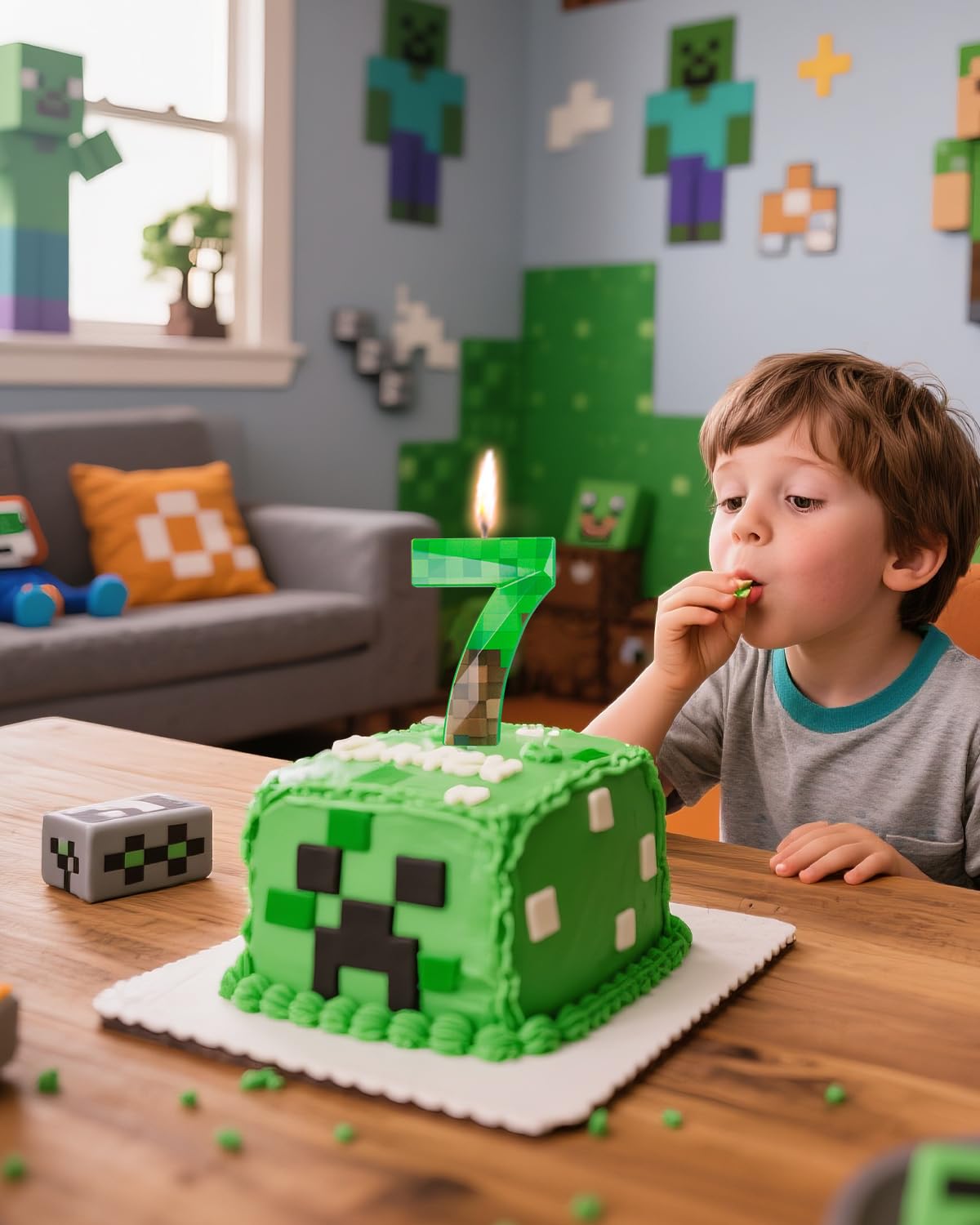 Bougie d'anniversaire en forme de pixel vert en forme de chiffre 7 - 6,8 cm - Bougie sur le thème du jeu - Décoration d'anniversaire sur le thème des pixels, fête de jeu vidéo dynamite