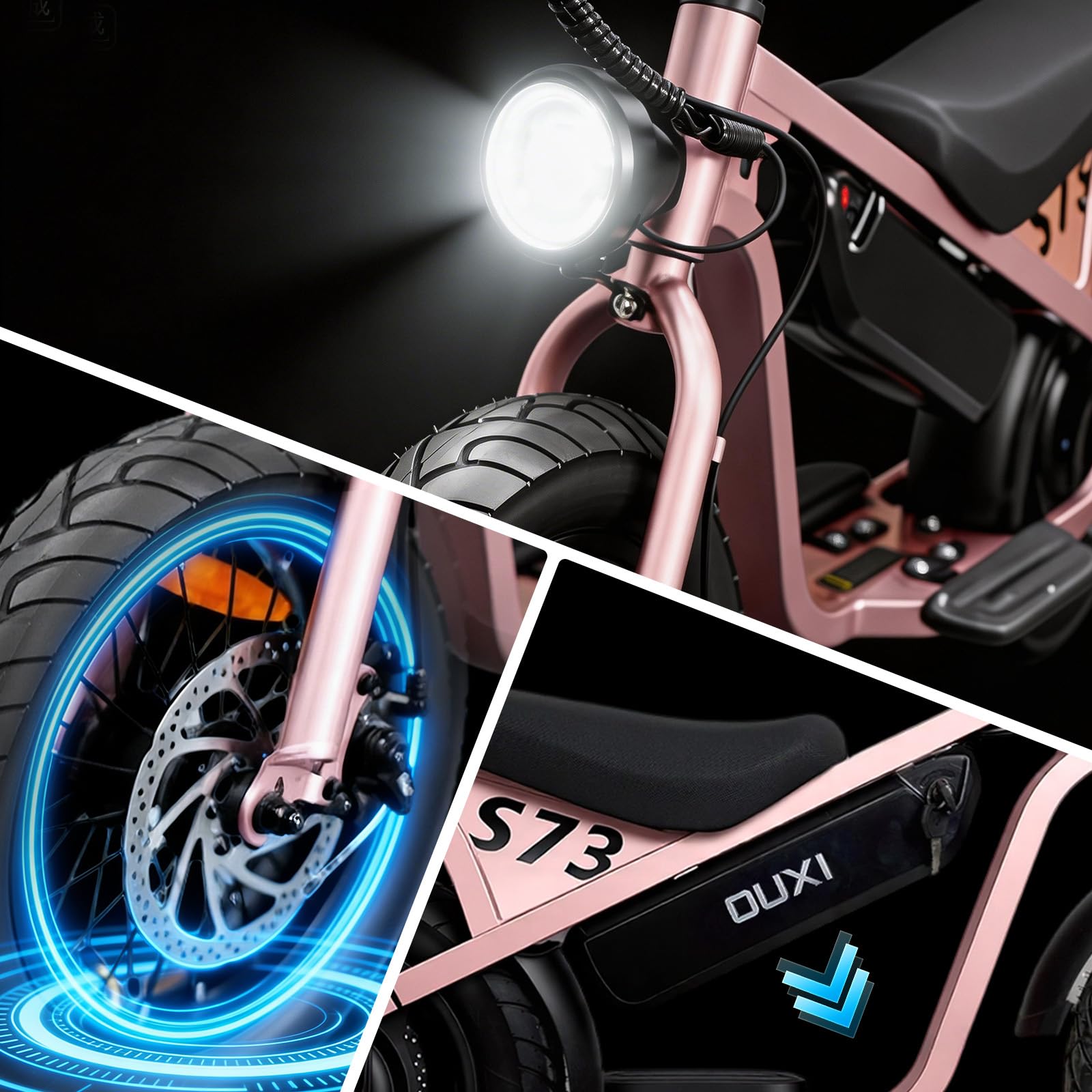 OUXI S73 Kindermotorrad Elektro, 14 Zoll Fat Tire Laufrad für Kinder & Jugendliche, 10.4Ah Akku bis 30km, 3 Geschwindigkeitsstufen, Mechanische Scheibenbremsen, LED-Licht vorne & hinten (Rosegold)
