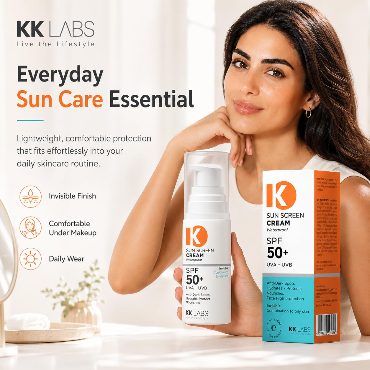 KK Labs Invisible Sun Cream for Combination to Oily Skin 50ml - Lightweight Daily Facial Sunscreen with a Weightless, No-White-Cast, Matte Finish for Shine-Prone Skin, Men and Women