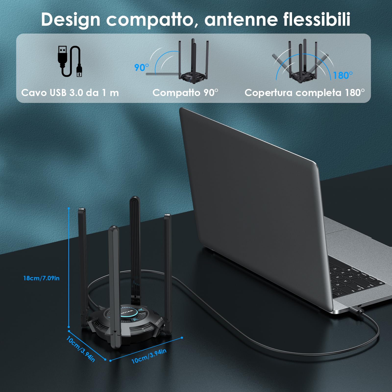 WAVLINK WiFi 7 USB WiFi Dongle per PC, Adattatore USB WiFi Tri-Banda BE6500 con Driver Integrato, WPA3, MLO & Multi-RU, Antenne Alto Guadagno 5dBi, Solo per Windows 11/10