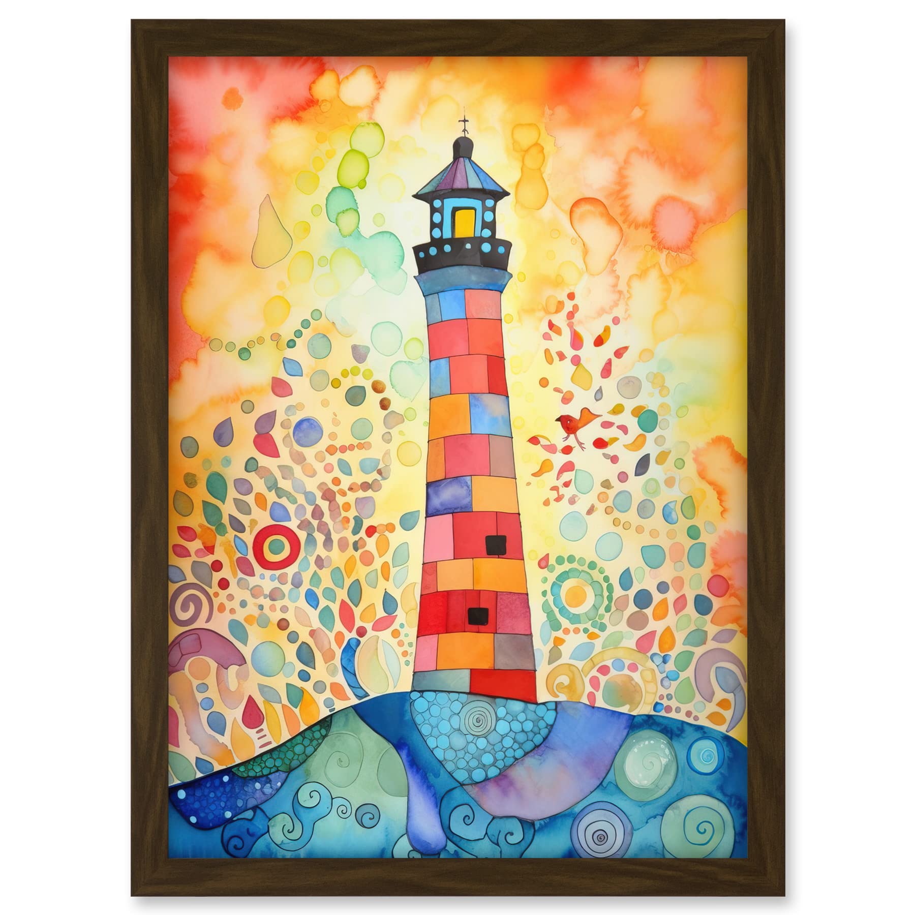 Artery8 Lighthouse At Sunset Dreamy Folk Art Watercolour Painting Artwork Framed A3 Wall Art Print
