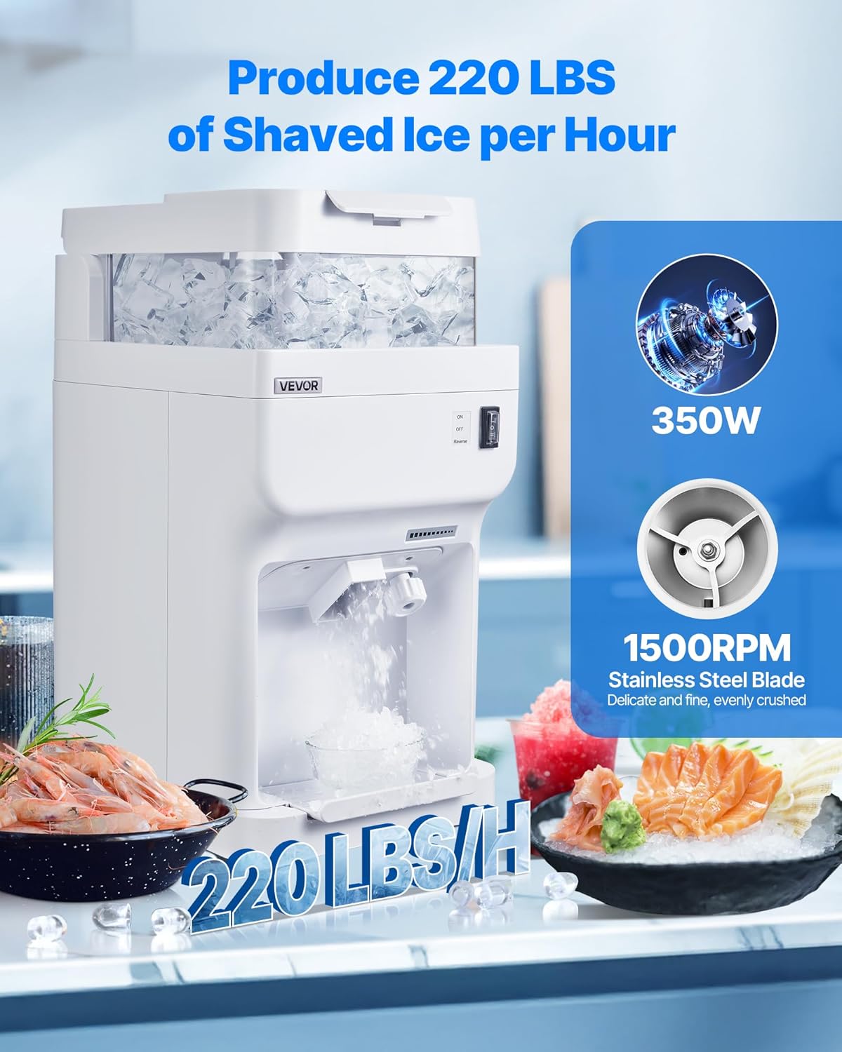 vevor commercial ice shaver crusher, 220lbs per hour electric snow cone maker with 8l ice cube box, 350w 1500rpm tabletop shaved ice machine for parties events bar, home and commercial use (white) 220lbs/h-350w-8l white