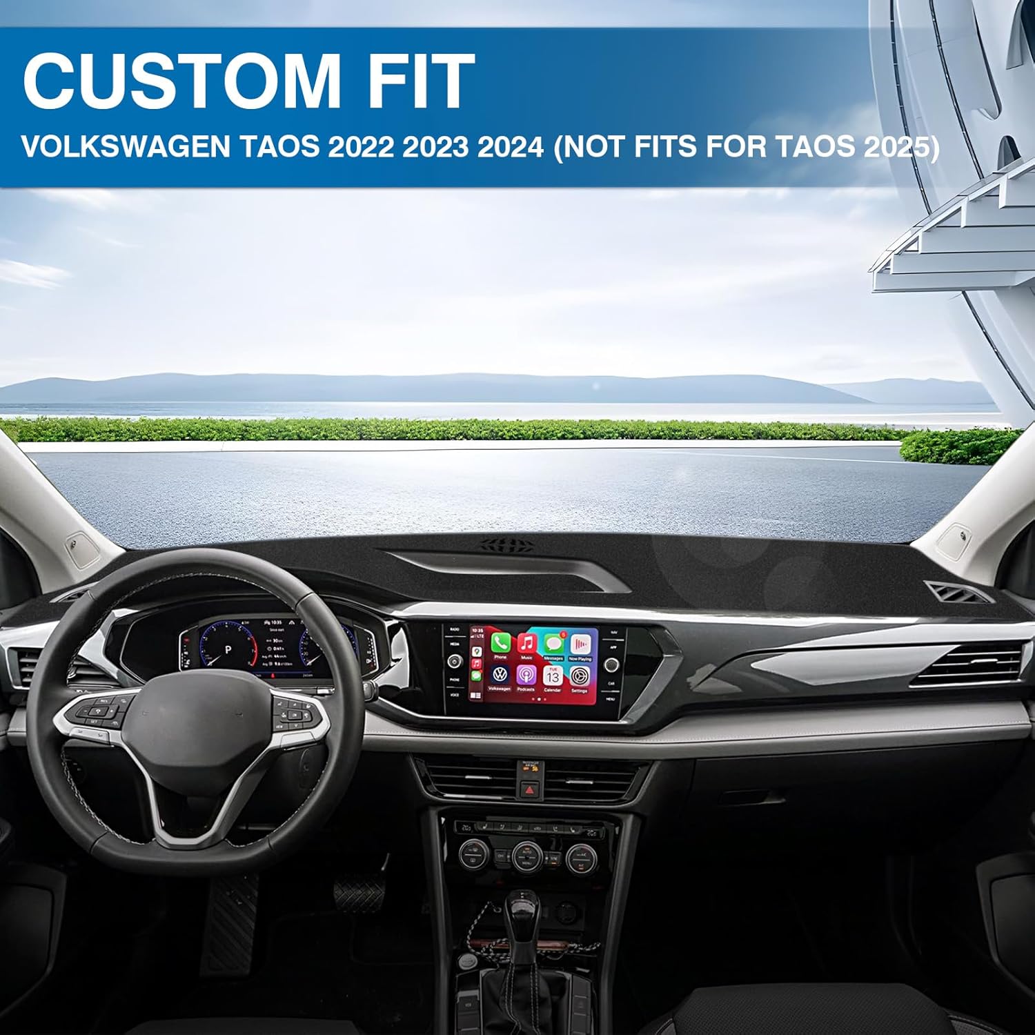 KUST Black Dash Cover for Volkswagen VW Taos (S SE SEL) 2022-2025 2026 (Only fits for Taos with Center Bin) Polyester Dashboard Cover Non-Slip Interior Accessories for VW Taos Custom Fit Dashboard Mat