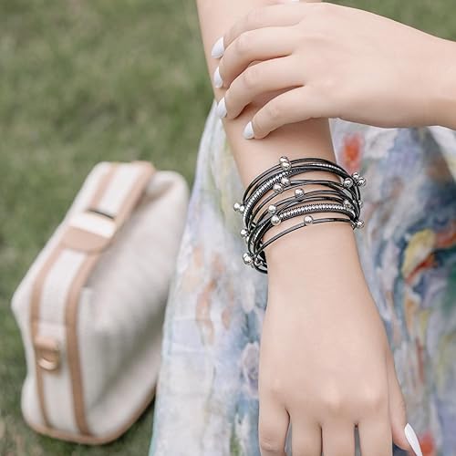 Miniatura 6 de FANCY SHINY Pulsera de cuero con cuentas bohemias, pulseras góticas apilables con cierre magnético