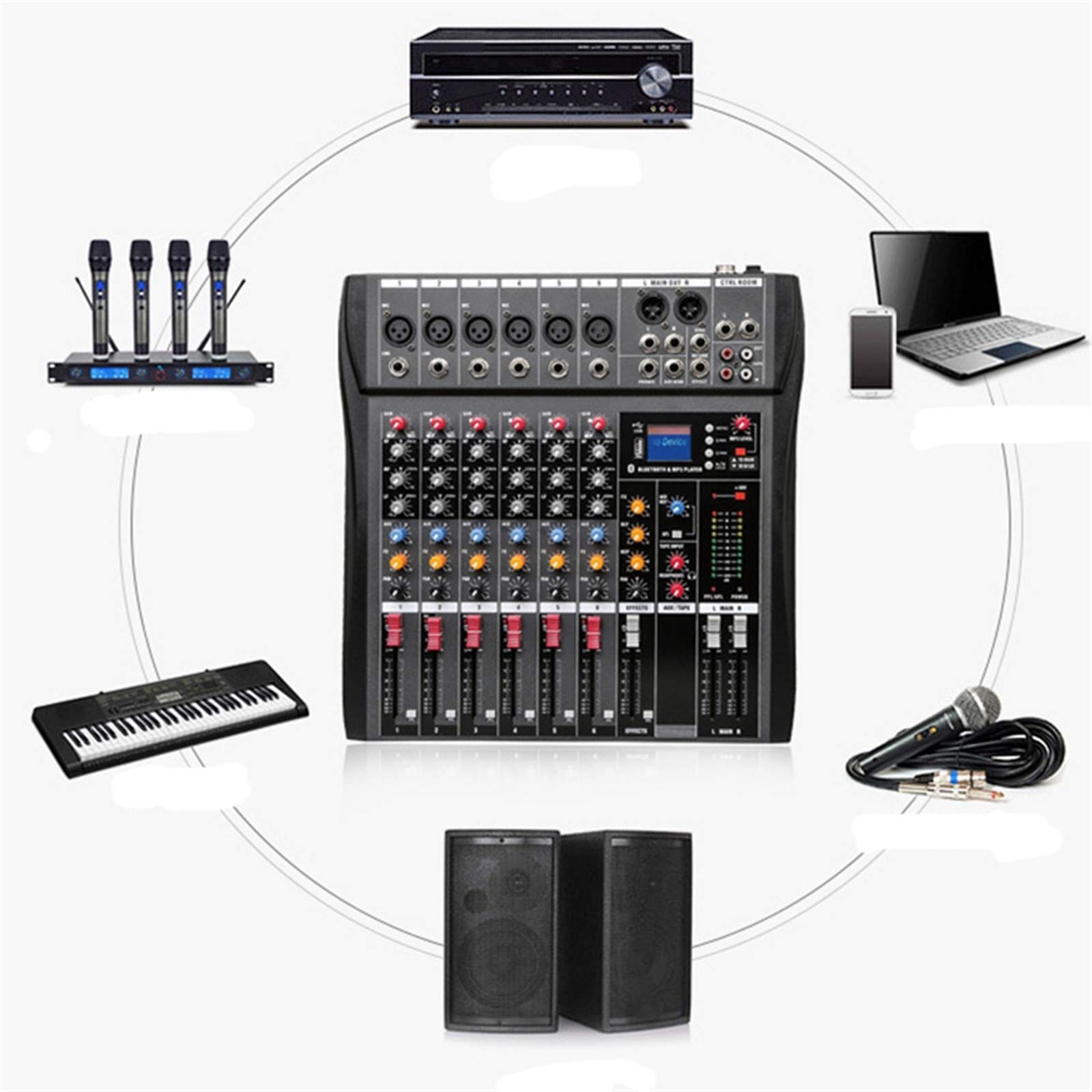 Mikser DJ, miksery na żywo 6-kanałowy kontroler miksera audio Obsługa Bluetooth USB Przenośna konsola miksująca Cyfrowy mikser dźwięku Wzmacniacz ze stołami miksującymi