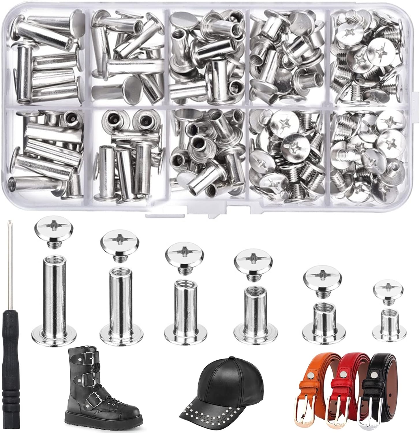 ZOCONE 150 Sets Chicago Screws Assorted Kit, 6 Sizes Round Flat Head Leather Rivets M5 Chicago Binding Screws for Decorate Repair Leather Craft Bookbinding Belt Bag Shoes Purse 4/5/6/8/10/12 (Black) : Arts, Crafts & Sewing
