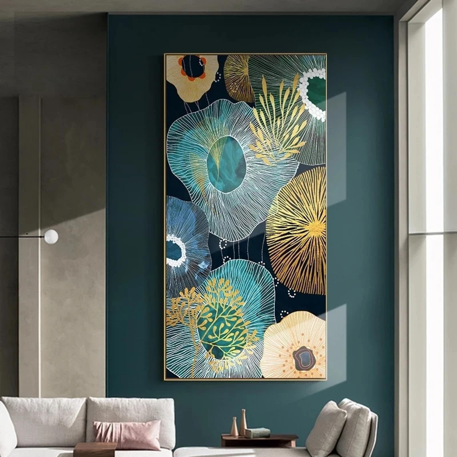JGGXHM Nuevos anillos anuales dorados chinos pintura en lienzo flores verdes carteles e impresiones artísticos de pared para la decoración del hogar- (65x130cm) marco interno de 26x51 pulgadas