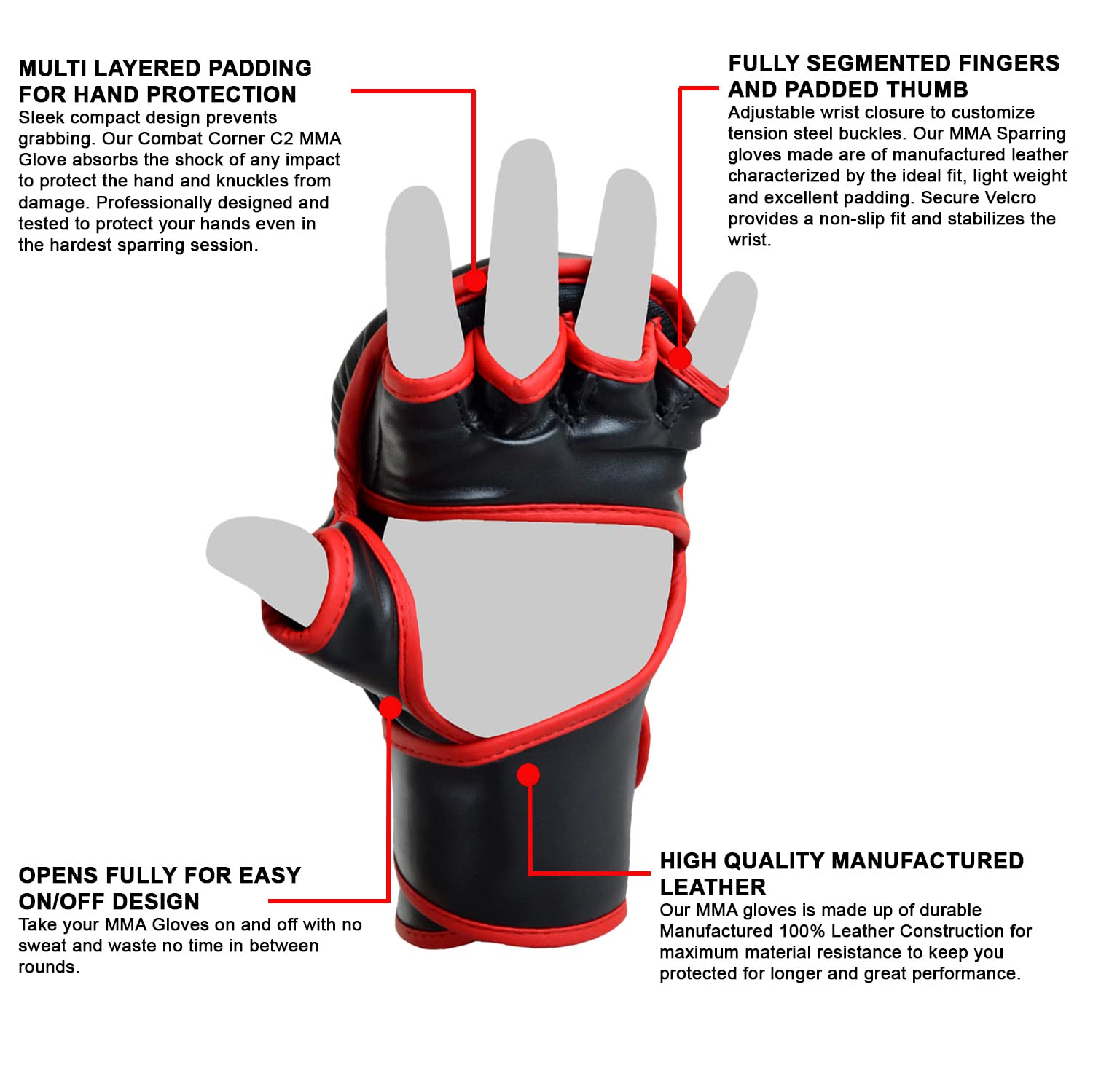 Combat Corner C2 MMA Training Gloves for Men and Women - Kickboxing, Muay Thai, MMA Sparring Training Gloves