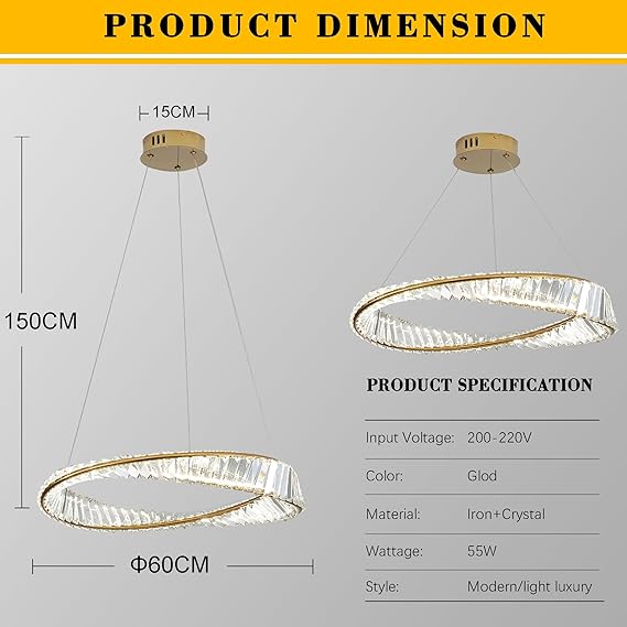 minifair Woonkamerlamp, vergulde roestvrijstalen kroonluchter met onregelmatige ringen, moderne dimbare LED-kristallen slaapkamerlamp, kroonluchter voor woonkamer, eetkamer, keuken, slaapkamer, D60 cm photo 2